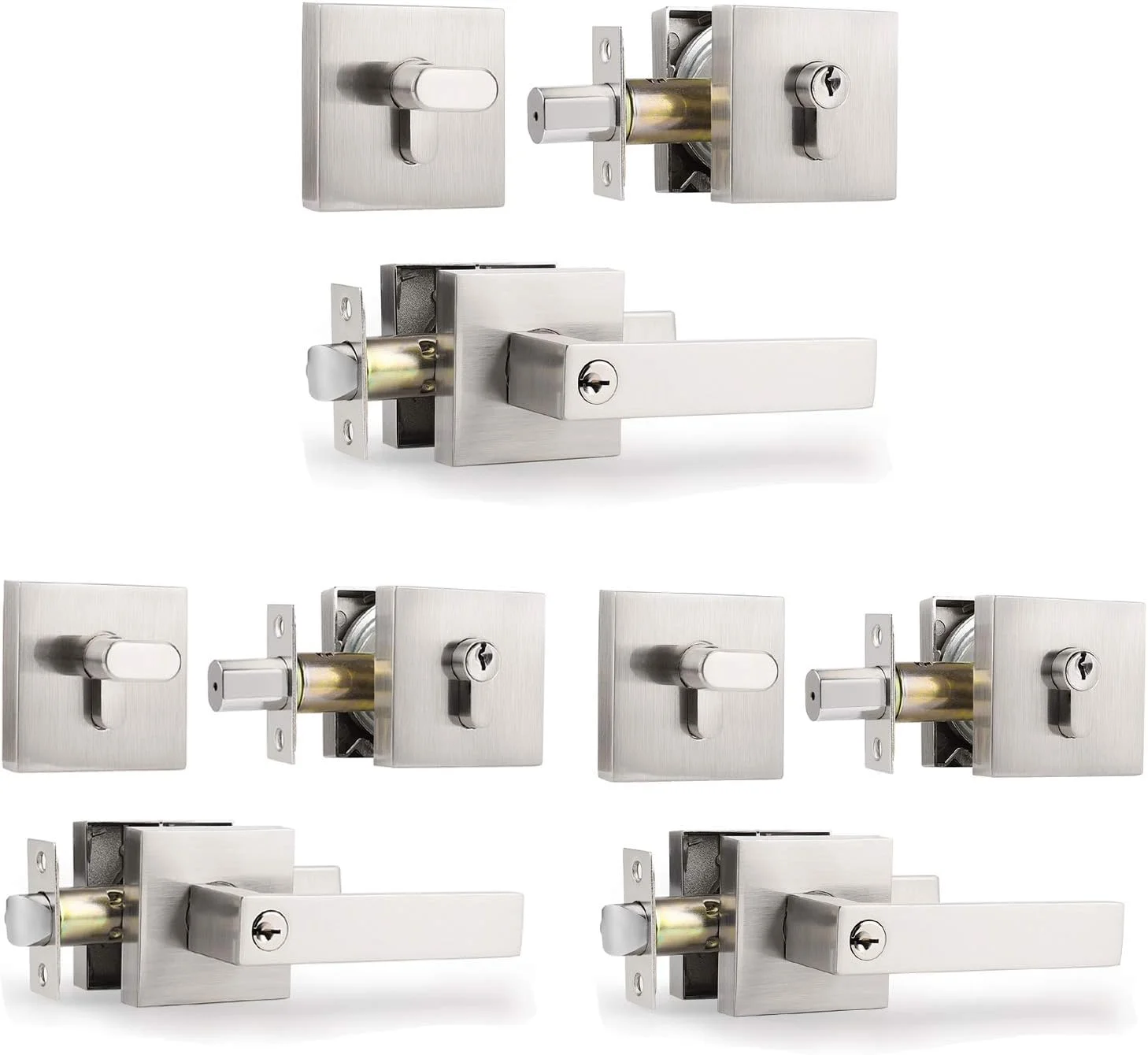 دستگیره اهرمی درب ورودی مدل مدرن Knobonly با قفل سیلندر تکی، همه کلیدها یکسان، ست دستگیره نیکل ساتن، قفل درب جلو/خارجی مسکونی/تجاری، بسته ترکیبی 3 عددی