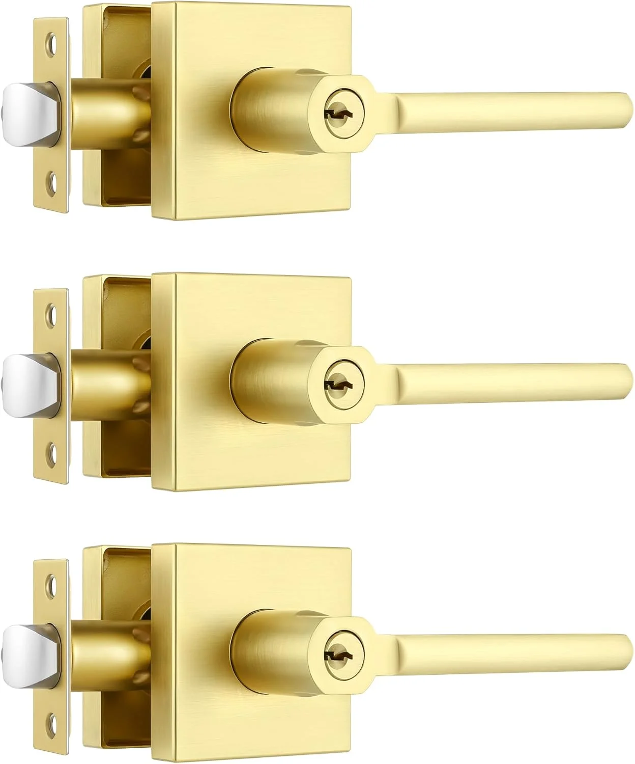 دستگیره درب ورودی کامل و سنگین Heittis (همسان)، دستگیره طلایی درب با کلید، مناسب برای درب های چپ و راست، روکش برنجی ساتن، بسته 3 عددی