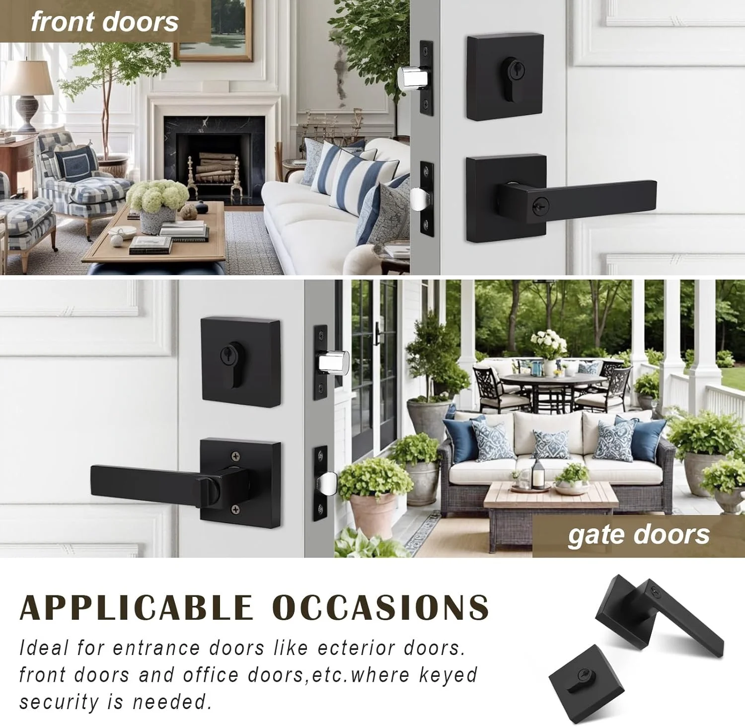 ست دستگیره درب ورودی کلیدخور و قفل دو سیلندر، قفل برگشت پذیر، دستگیره مربع مشکی مات داخلی/خارجی برای اتاق خواب، درب ورودی 4 عددی ست دستگیره درب ورودی کلیدخور و قفل دو سیلندر، قفل برگشت پذیر، دستگیره مربع مشکی مات داخلی/خارجی برای اتاق خواب، درب ورودی 4 عددی