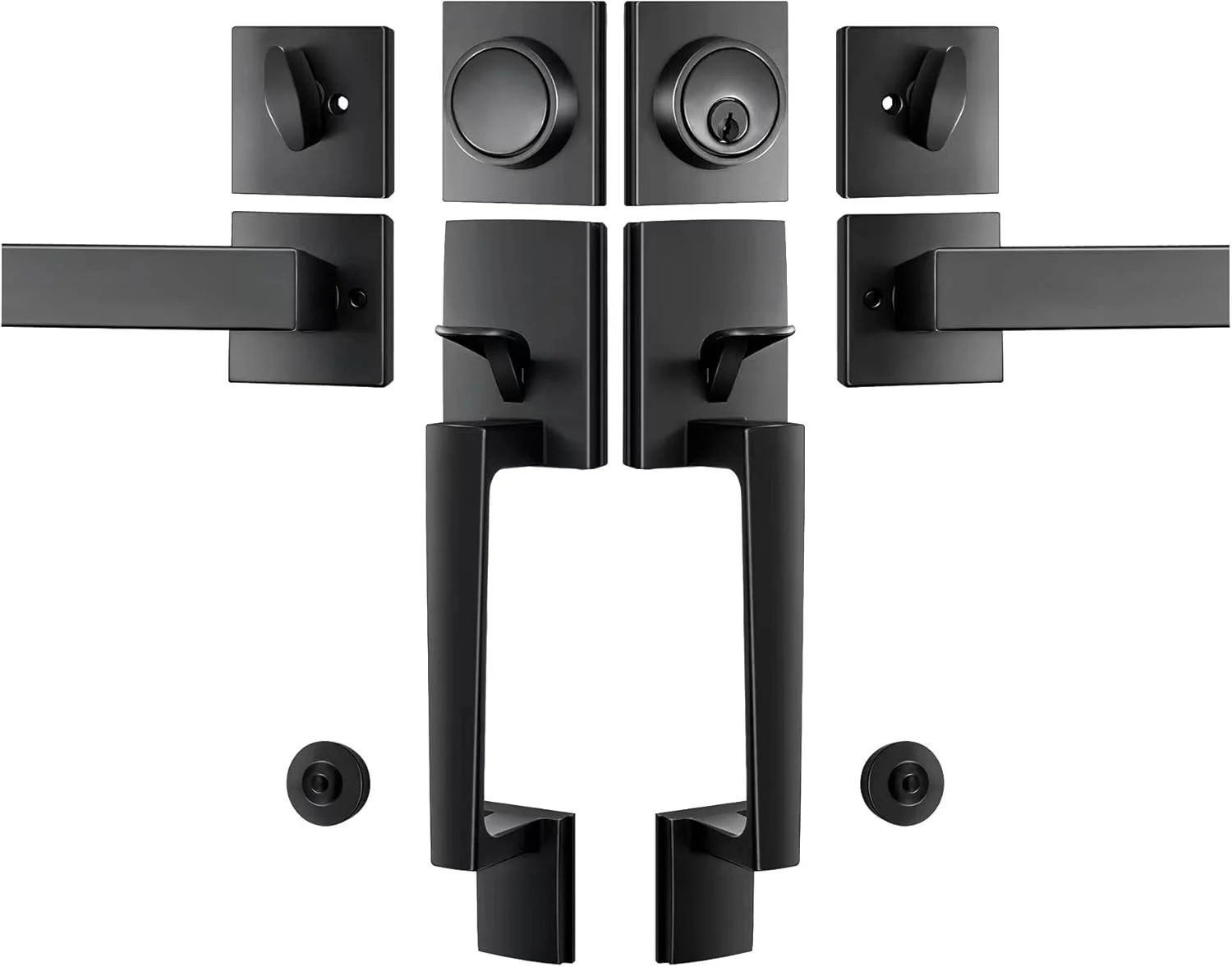 دستگیره درب ورودی سنگین - ست دستگیره دوتایی مشکی مات با دستگیره ثابت و قفل برای درب های ورودی، پشتی یا اداری (کلید دار و ثابت)