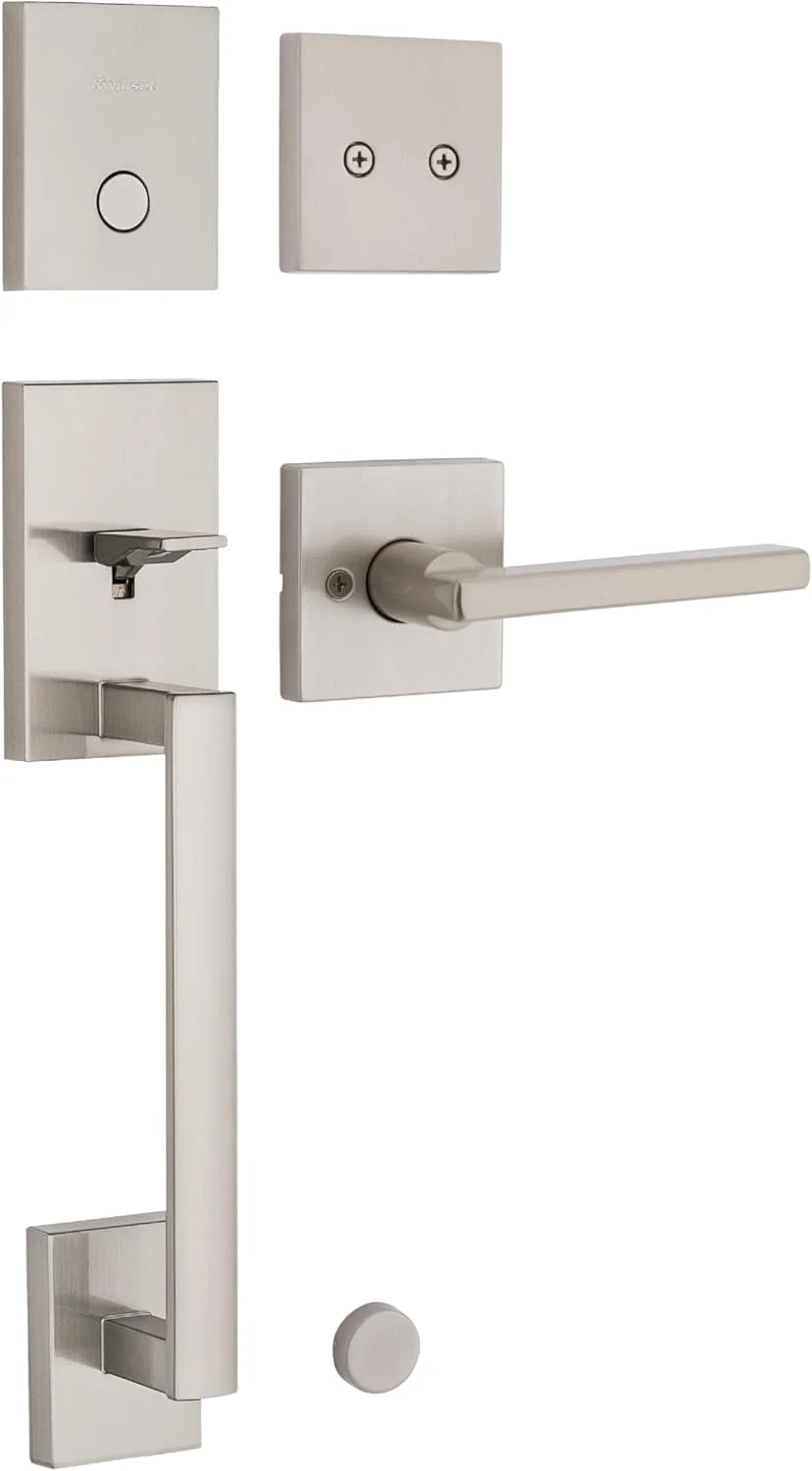 دستگیره در ورودی غیرفعال Kwikset San Clemente، دستگیره داخلی و قفل مرده غیرفعال، دستگیره بیرونی با اهرم برگشت پذیر داخلی، نیکل ساتن با محافظت Microban