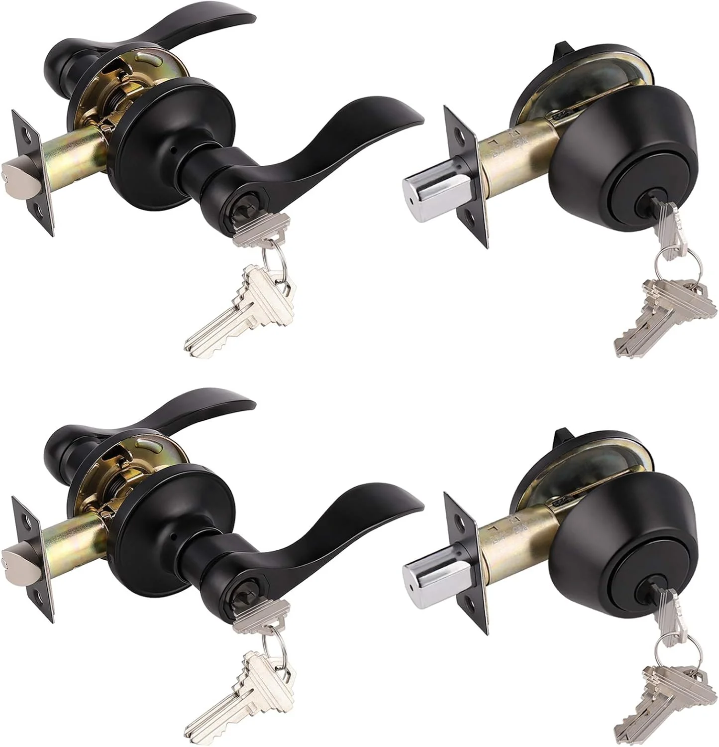 ست دستگیره درب مشکی Gobrico برای درب ورودی بیرونی، دستگیره جهانی، اهرم موجی و قفل دو سیلندر مشکی مات GB12061-102BK-Combo-2Pack
