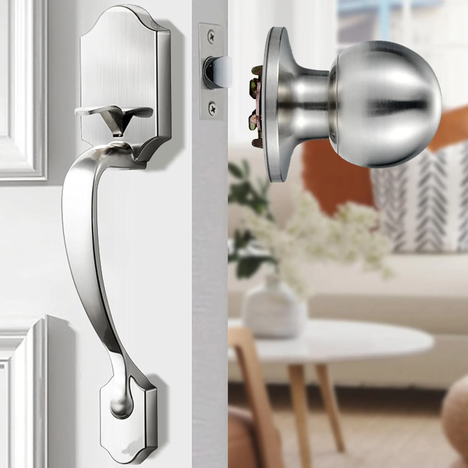 دستگیره درب ورودی Elemake بدون قفل، ست دستگیره درب بیرونی با دستگیره گرد، دستگیره درب داخلی با اهرم برگشت پذیر، پرداخت نیکل برس خورده (سایز بزرگ قابل تنظیم ارتقا یافته)