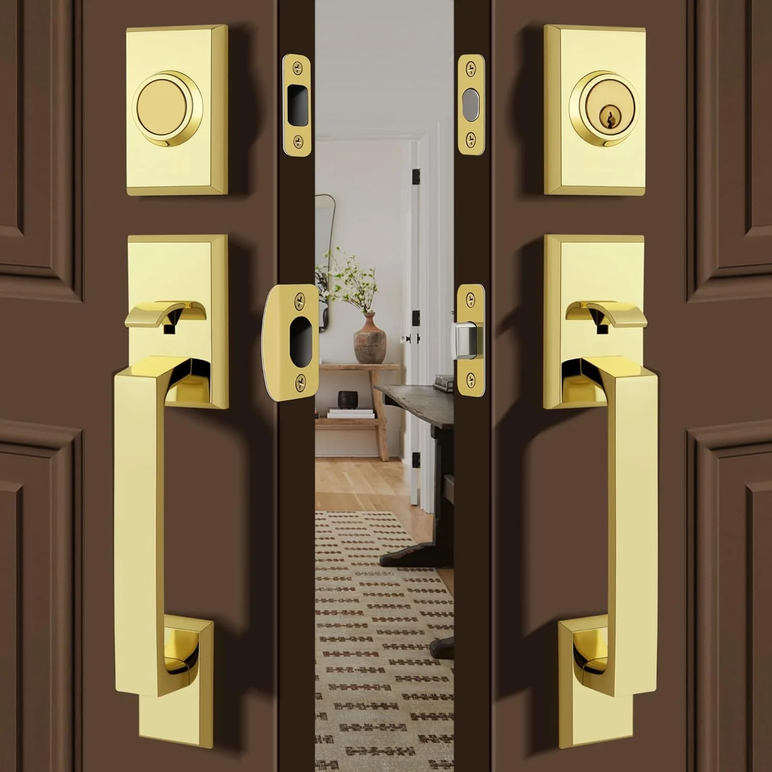 ست قفل درب ورودی دوتایی Gaurqiah، دستگیره مربعی سنگین درب دوتایی با دستگیره ثابت، ست دستگیره ورودی با قفل شب بند ترکیبی، ست قفل درب دوتایی برای درب های ورودی یا اداری، برنجی براق