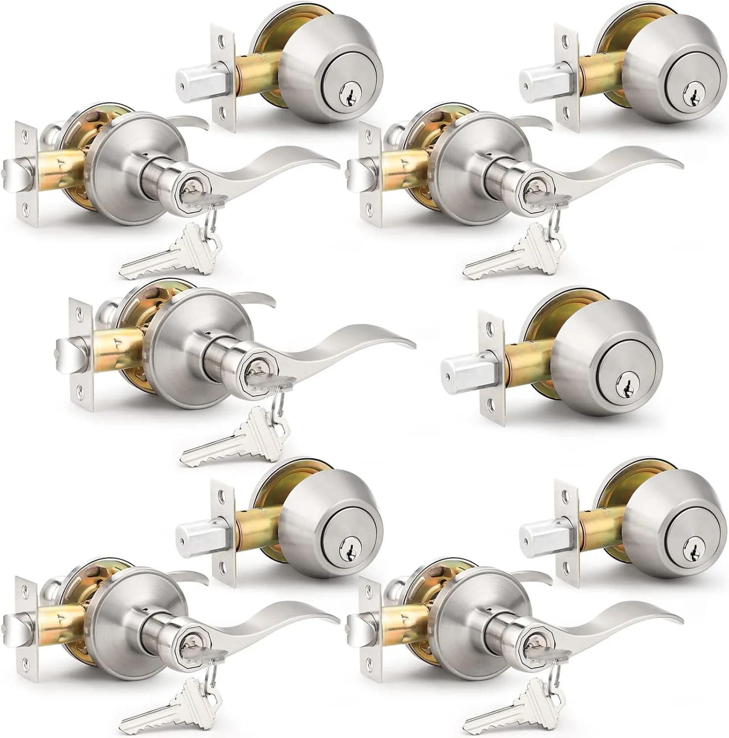 پروبریكو - 5 ست دستگیره اهرمی درب ورودی با قفل سیلندر تکی، دستگیره کلیددار برای سخت افزار بیرونی و داخلی درب جلو، ست دستگیره قفل ورودی نیکل ساتن، بسته پیمانکار