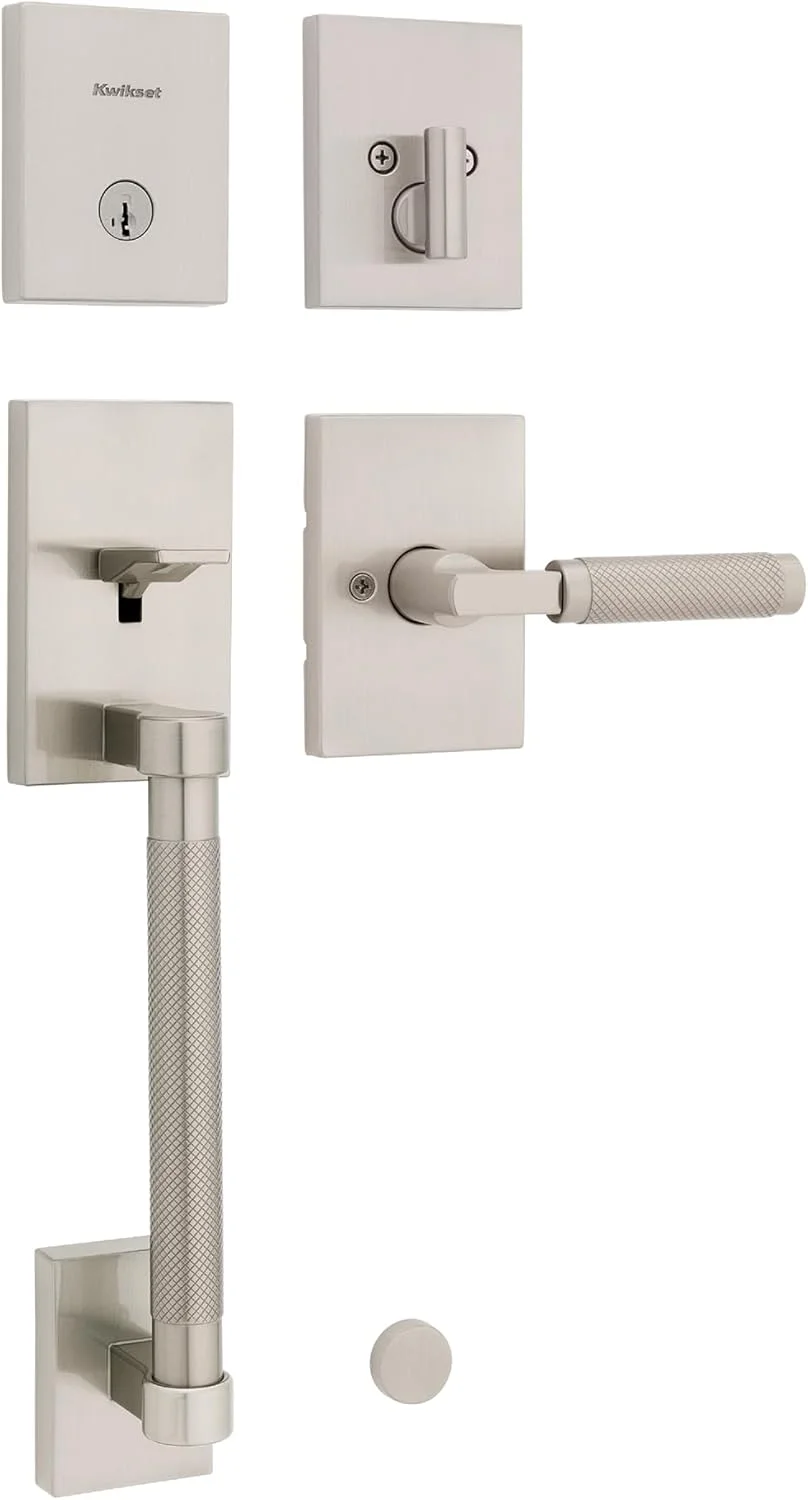 ست دستگیره و قفل درب ورودی Kwikset Prava، دستگیره بیرونی با اهرم برگشت پذیر داخلی، نیکل ساتن، قفل ضد سرقت SmartKey Rekey، با محافظت Microban
