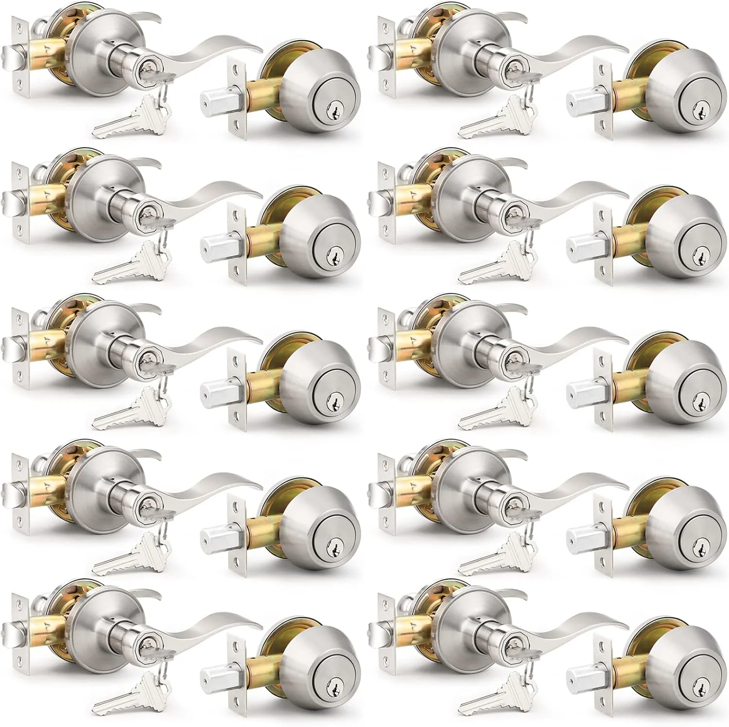 مجموعه دستگیره ورودی پروبریكو، بسته ترکیبی 10 عددی، نیکل ساتن، دستگیره درب ورودی با قفل سیلندر تکی، بسته ترکیبی کلید یکسان. سخت افزار درب بیرونی، سبک مدرن/معاصر