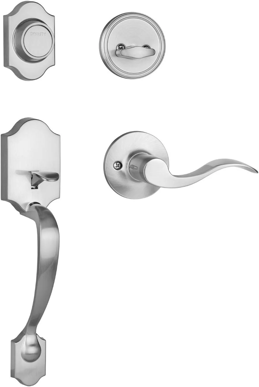 دستگیره اهرمی نمایشی درب ورودی Dynasty Hardware مدل Denver، نیکل ساتن، اهرم Heritage، دست چپ