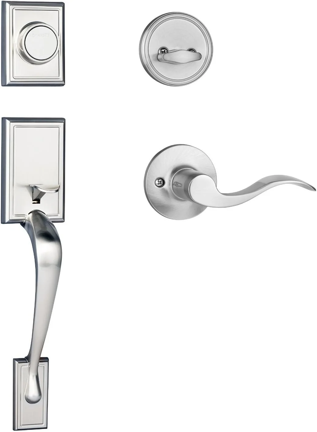 دستگیره اهرمی نمایشی درب ورودی Dynasty Hardware مدل Ridgecrest، نیکل ساتن، اهرم Heritage، دست چپ