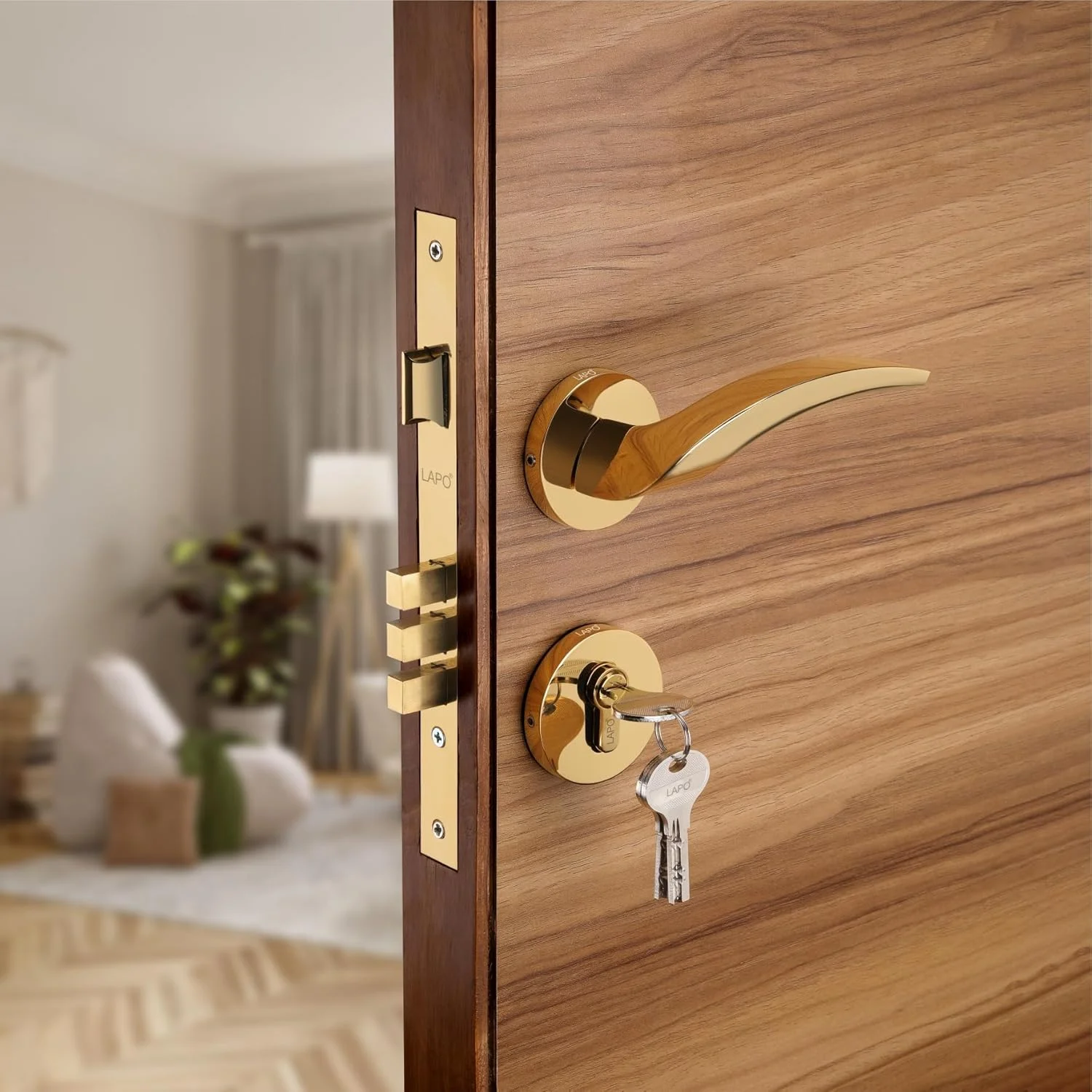 قفل درب ورودی و اتاق خواب LAPO مدل سنگین و تمام برنجی، دستگیره های قفل درب به همراه بدنه قفل، قفل درب اصلی برای خانه و دفتر | روکش طلایی PVD | 3 سال Ro-115