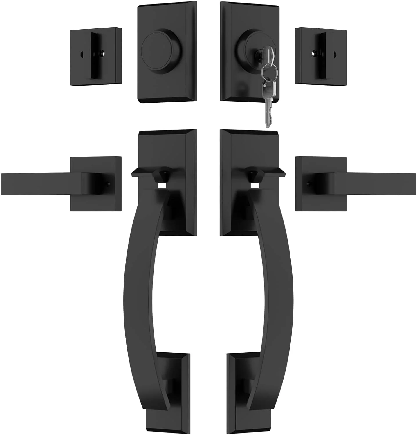 ست قفل درب دوتایی مشکی مات Haidms، ست دستگیره درب ورودی دوتایی مشکی، دستگیره درب دوتایی سنگین با دستگیره ثابت، ست یراق آلات درب ورودی دوتایی با اهرم دستگیره برگشت پذیر