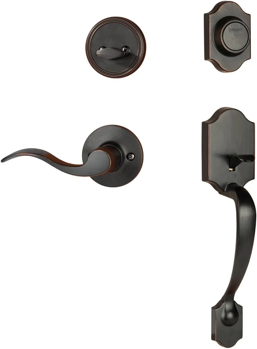 دستگیره تزئینی درب ورودی Dynasty Hardware مدل DEN-HER-405-12PR Denver، رنگ برنز روغنی سابیده شده، با اهرم Heritage، دست راست