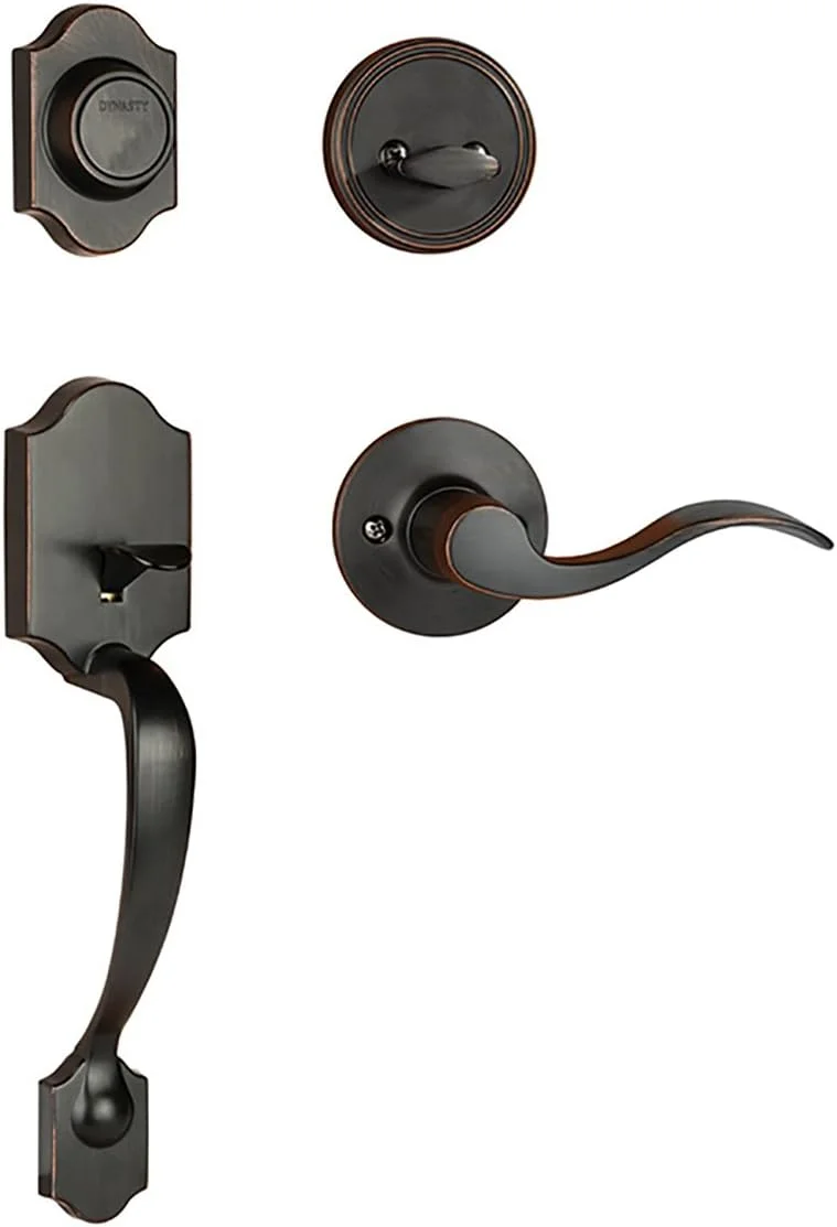 دستگیره تزئینی درب ورودی دنور Dynasty Hardware مدل DEN-HER-405-12PL، رنگ برنز روغنی ساییده شده، با اهرم Heritage، دست چپ