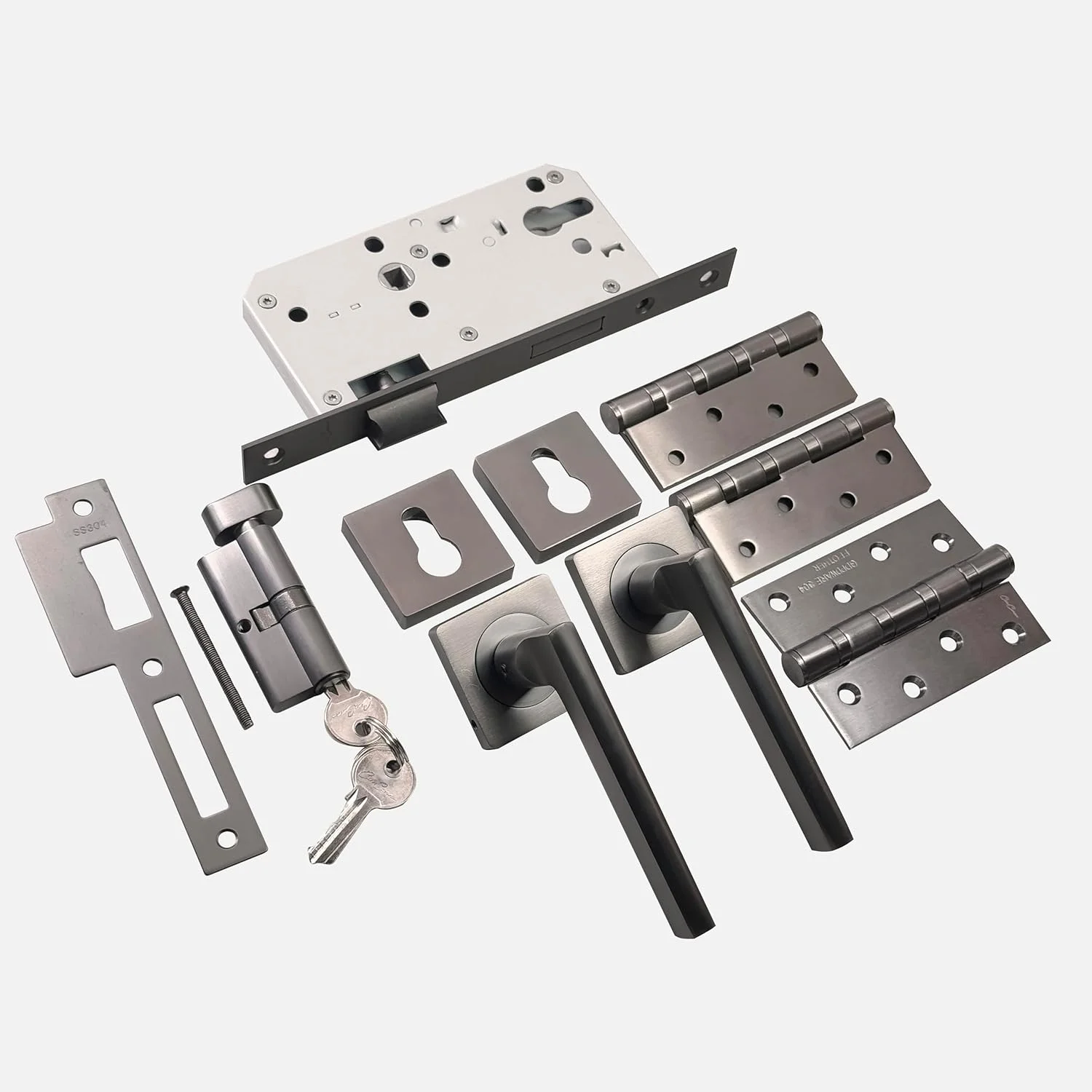 ست قفل درب آلومینیومی اپال پریمیوم - کیت کامل دستگیره درب با بدنه قفل، سیلندر، لولا، صفحه کلید، صفحه ضربه گیر، کلید - ایمن و شیک برای درب های خانه و محل کار (خاکستری متالیک)