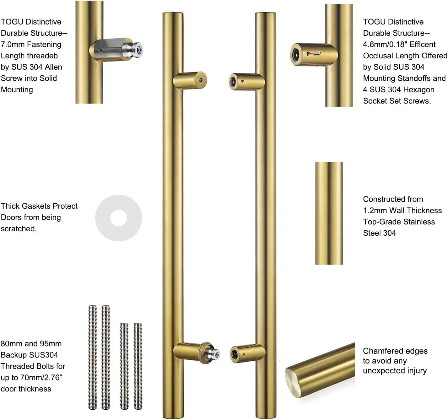 دستگیره های درب استیل ضد زنگ Togu TG-6012، سایز ۱۸ اینچ، مناسب کاربری سنگین، گرید ۳۰۴، دستگیره های فشاری/کششی درب، دستگیره درب انبار، دستگیره شیشه ای، روکش طلایی مات دستگیره های درب استیل ضد زنگ Togu TG-6012، سایز ۱۸ اینچ، مناسب کاربری سنگین، گرید ۳۰۴، دستگیره های فشاری/کششی درب، دستگیره درب انبار، دستگیره شیشه ای، روکش طلایی مات