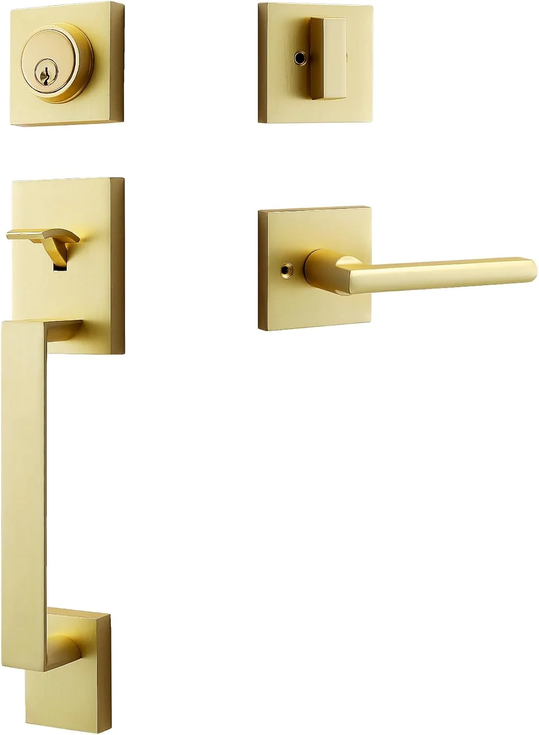 دستگیره مدرن درب ورودی برنجی-ساتنی - قفل درب ورودی با زبانه تک سیلندر، ست دستگیره اهرمی درب بیرونی 3 کلید، قابل برگشت برای درب های چپ و راست