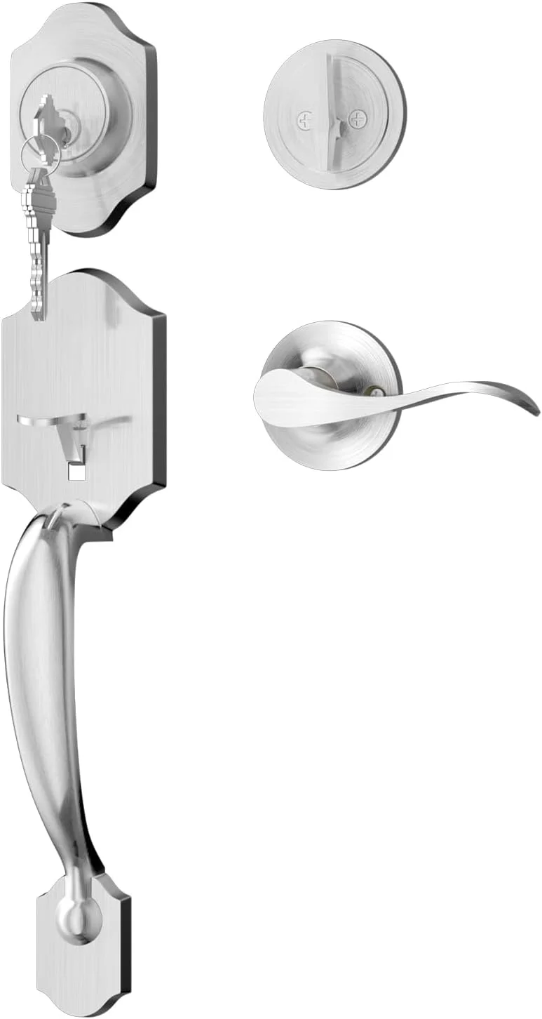 دستگیره و قفل درب ورودی گلدن وارم، ست قفل درب ورودی نیکل برس خورده با اهرم دستگیره برگشت پذیر، سخت افزار کلاسیک درب ورودی، قفل درب ورودی تک سیلندر