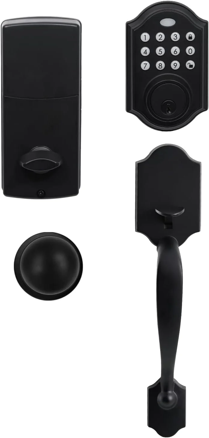 ست قفل درب ورودی کیایاجی، دستگیره درب، قفل درب ورودی با صفحه کلید، دستگیره تک سیلندر با دستگیره منحنی نیمه پایینی، مشکی