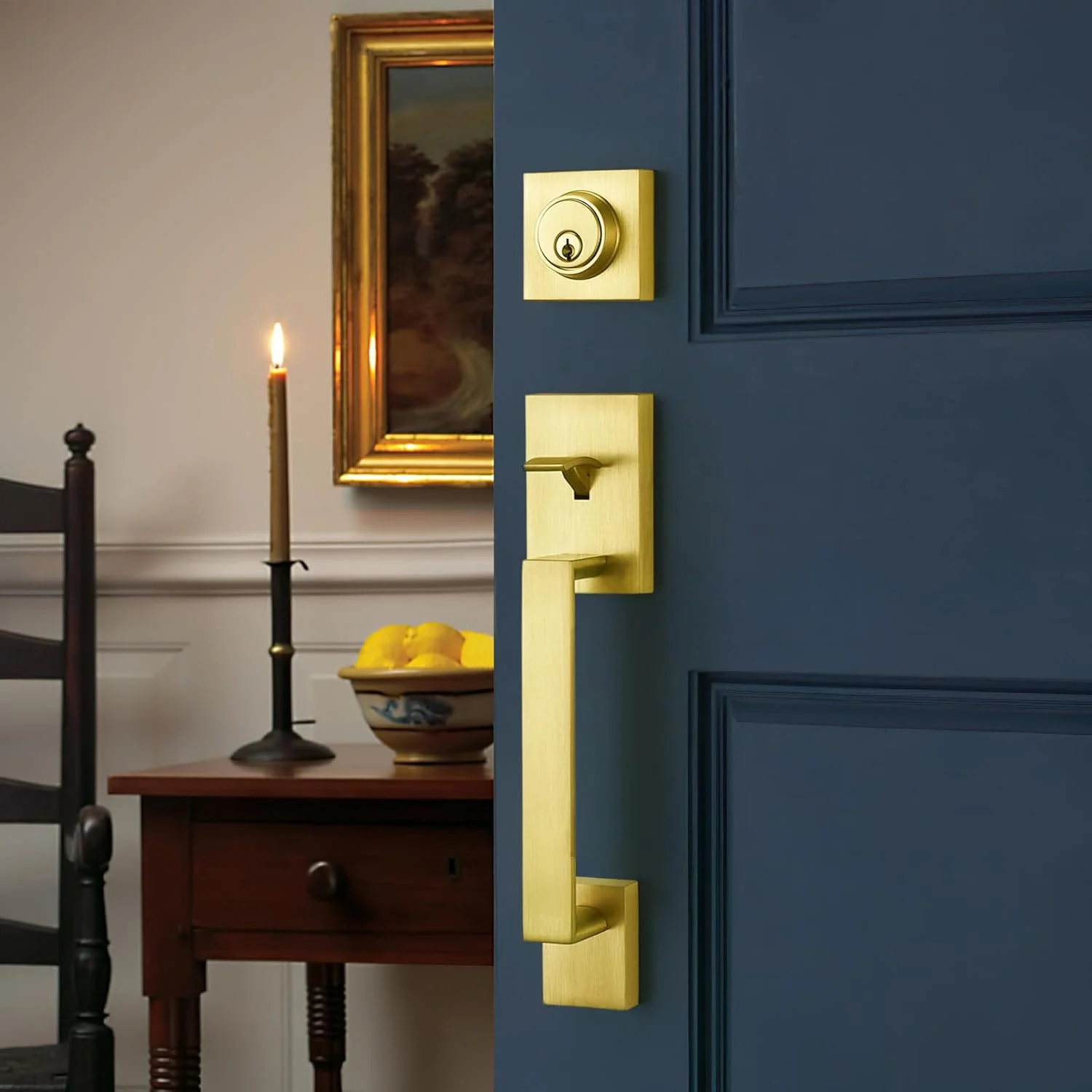 دستگیره مدرن درب ورودی برنجی-ساتنی - قفل درب ورودی با زبانه تک سیلندر، ست دستگیره اهرمی درب بیرونی 3 کلید، قابل برگشت برای درب های چپ و راست دستگیره مدرن درب ورودی برنجی-ساتنی - قفل درب ورودی با زبانه تک سیلندر، ست دستگیره اهرمی درب بیرونی 3 کلید، قابل برگشت برای درب های چپ و راست