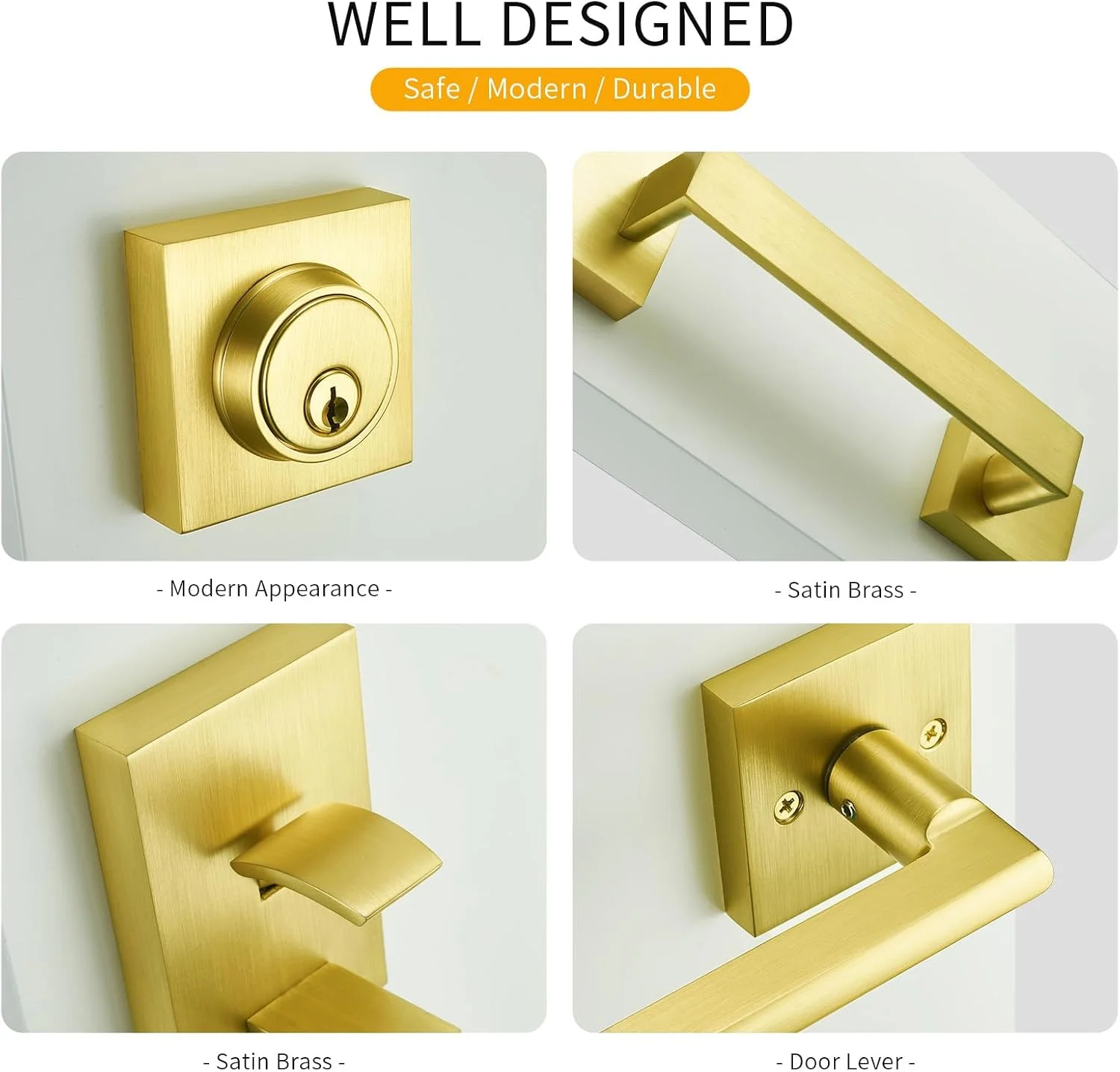 دستگیره مدرن درب ورودی برنجی-ساتنی - قفل درب ورودی با زبانه تک سیلندر، ست دستگیره اهرمی درب بیرونی 3 کلید، قابل برگشت برای درب های چپ و راست دستگیره مدرن درب ورودی برنجی-ساتنی - قفل درب ورودی با زبانه تک سیلندر، ست دستگیره اهرمی درب بیرونی 3 کلید، قابل برگشت برای درب های چپ و راست