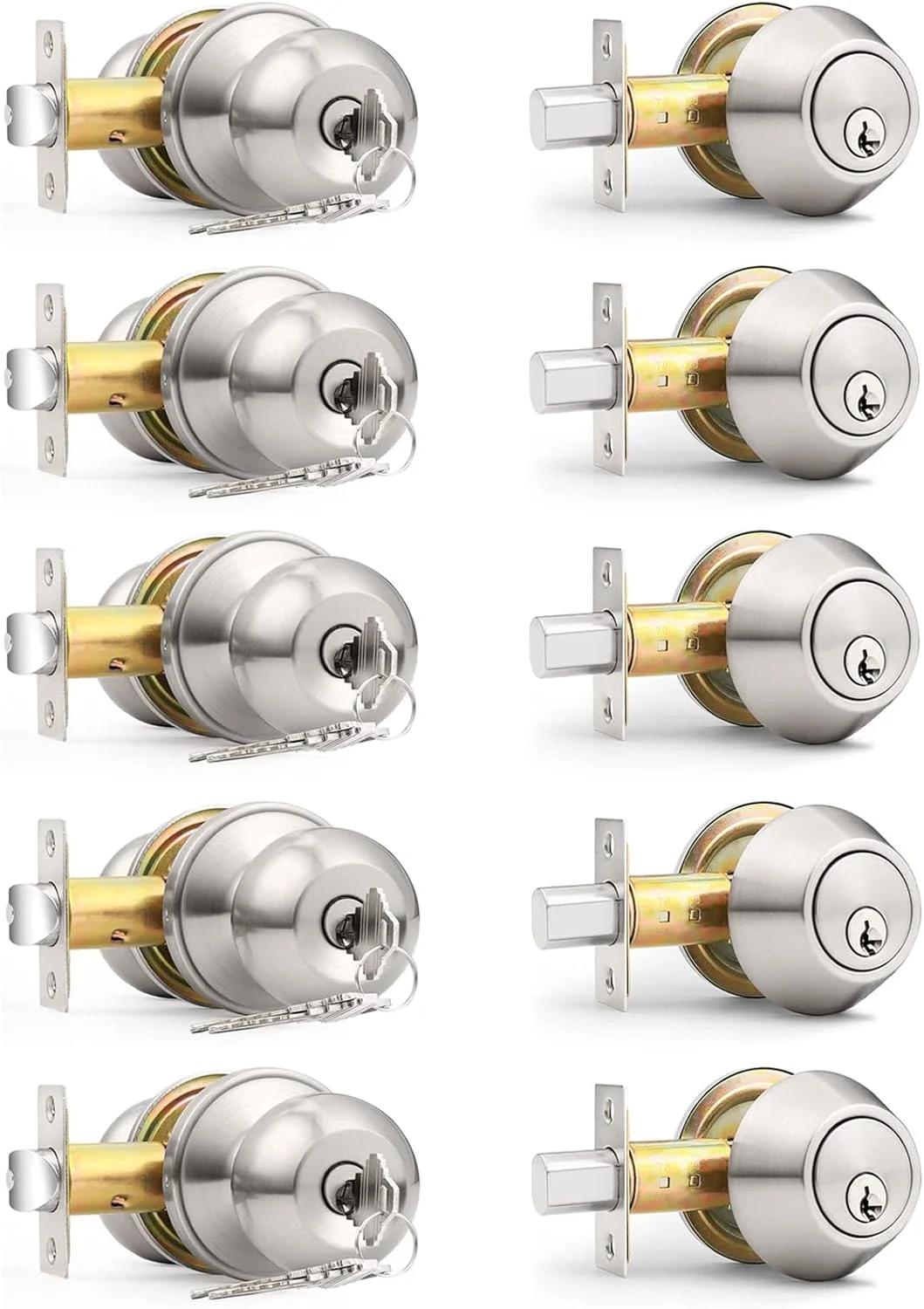 دستگیره درب ورودی پروبریكو، قفل سیلندر تکی، دستگیره کلید دار برای درب ورودی بیرونی و سخت افزار داخلی، ست اهرم قفل ورودی نیکل ساتن، بسته پیمانکار (5 ست)