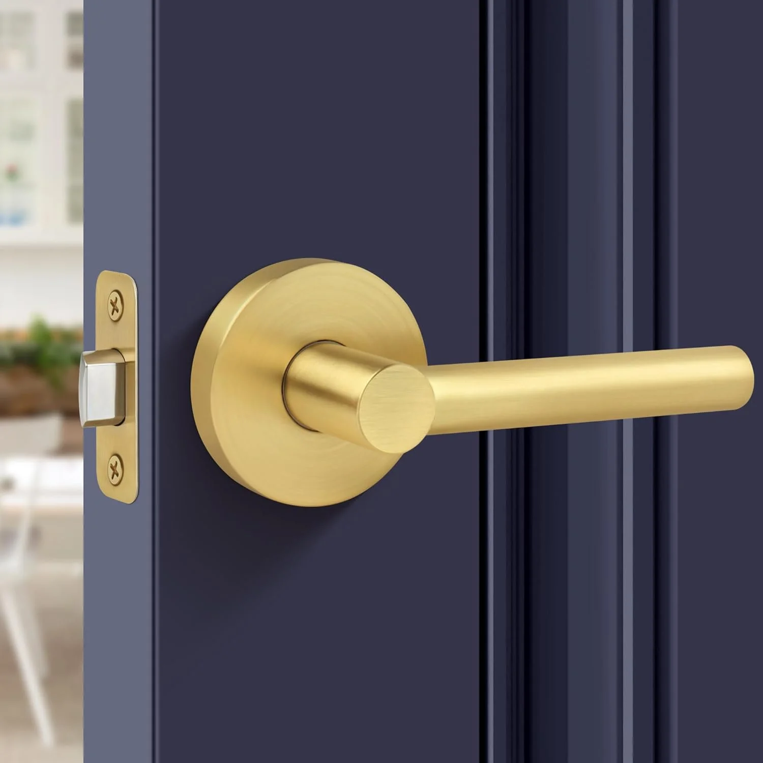 دستگیره اهرمی درب راهرو طلایی برس خورده، دستگیره درب داخلی طلایی سنگین، قفل درب گرد بدون قفل برای راهرو یا کمد، برگشت پذیر برای درهای سمت راست و چپ - پرداخت برنجی ساتن