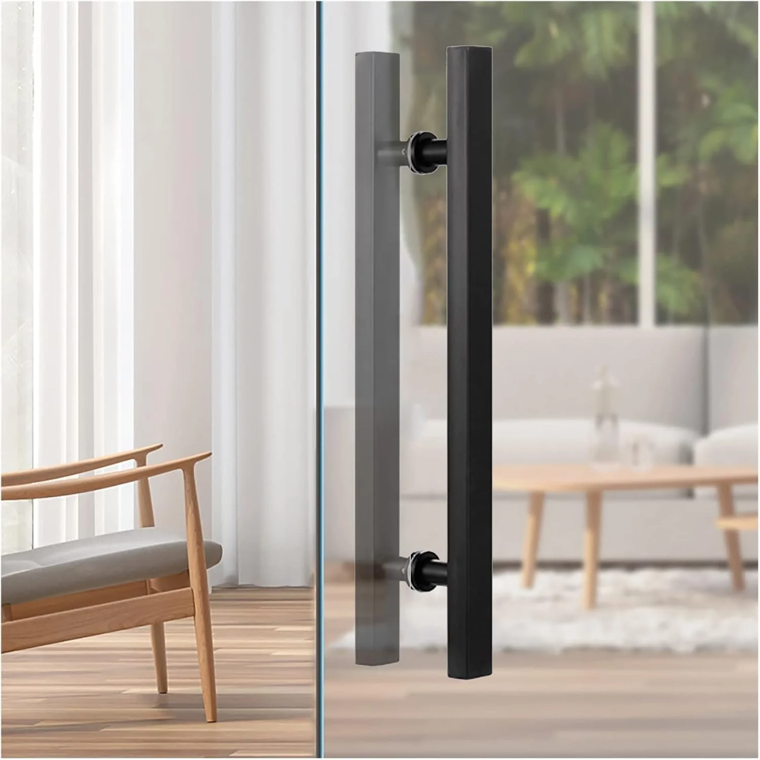 دستگیره درب کشویی استیل ضد زنگ برای درب چوبی/شیشه ای ورودی، دستگیره فشاری کششی لوله مربعی شکل H، نصب دو طرفه، مشکی - 150 سانتی متر / 59 اینچ