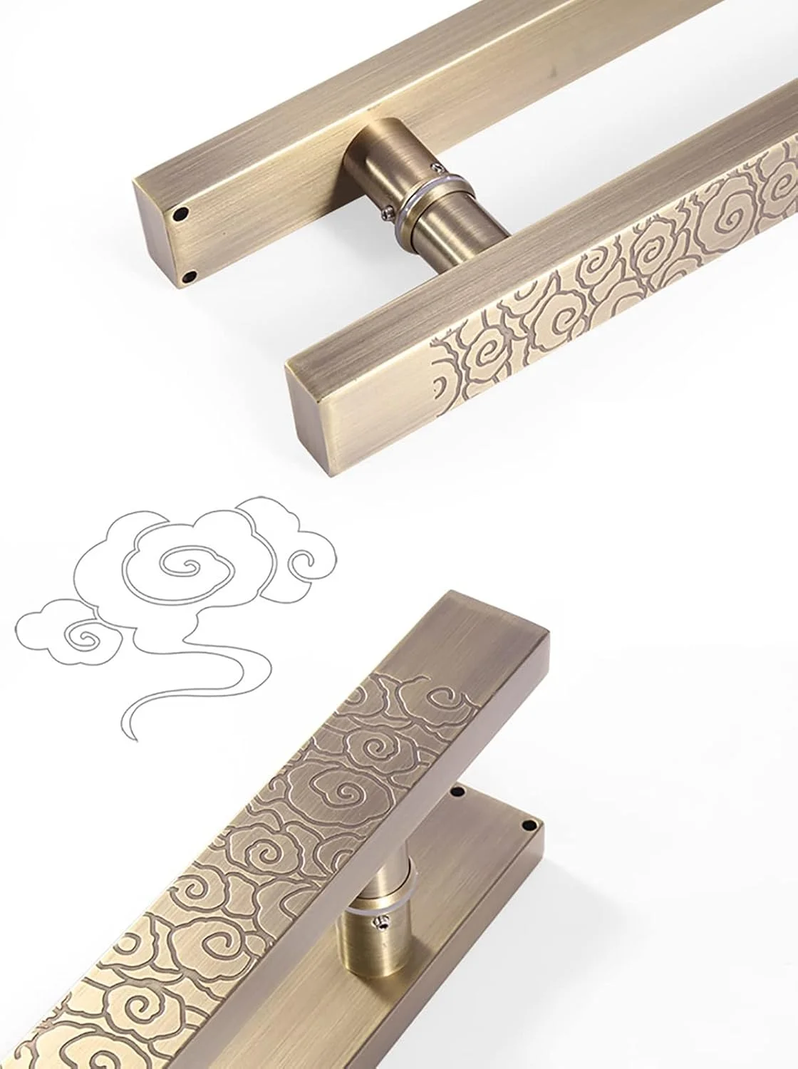 دستگیره کششی درب حمام و آشپزخانه مدل H شکل با طرح ابر، دستگیره کششی سنتی برای درب های چوبی، شیشه ای و فلزی، طلایی - 80 سانتی متر