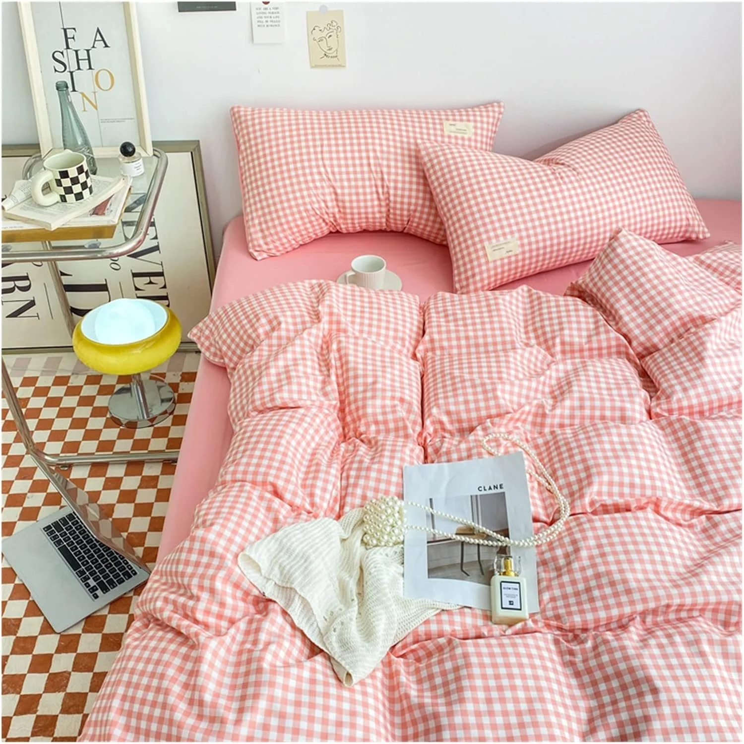 ست ملحفه تخت خواب سلفر طرح چهارخانه، ملحفه نرم برای اتاق خواب، رو تختی دونفره، روکش لحاف به همراه روبالشتی (رنگ: 02، سایز: SHEET_DOUBLE 4PCS(1.8M))