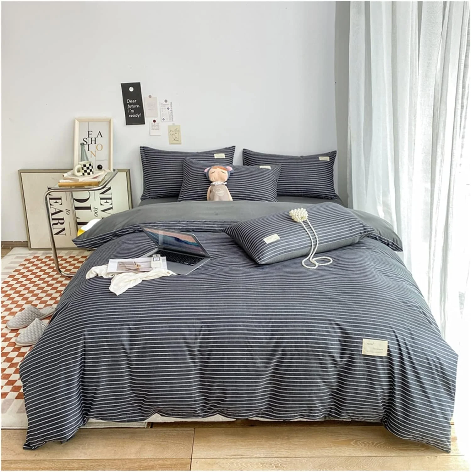 ست ملحفه تخت خواب سلفر طرح چهارخانه، ملحفه نرم برای اتاق خواب، رو تختی دونفره، روکش لحاف به همراه روبالشتی (رنگ: 02، سایز: SHEET_DOUBLE 4PCS(1.8M))