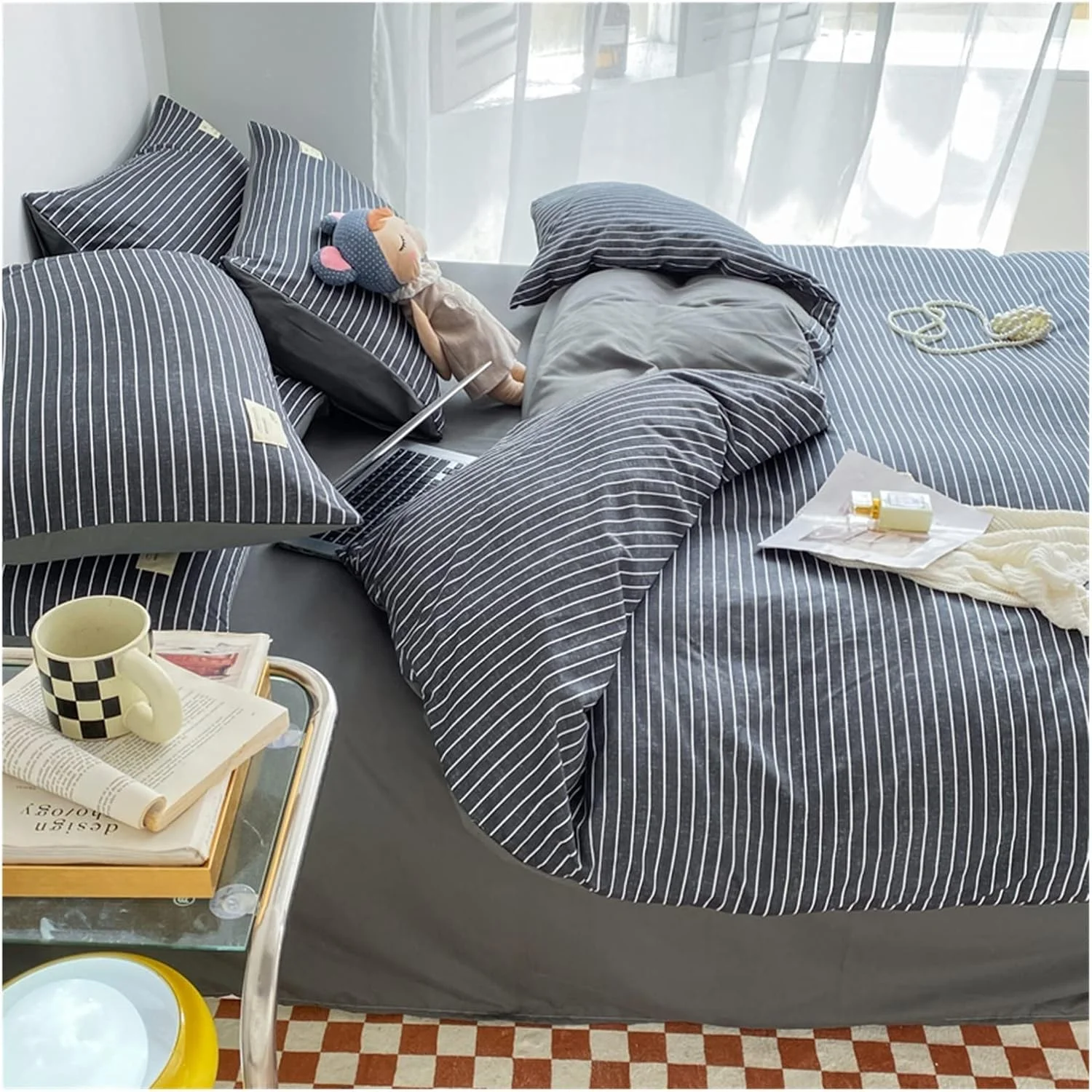 ست ملحفه تخت خواب سلفر طرح چهارخانه، ملحفه نرم برای اتاق خواب، رو تختی دونفره، روکش لحاف به همراه روبالشتی (رنگ: 02، سایز: SHEET_DOUBLE 4PCS(1.8M))