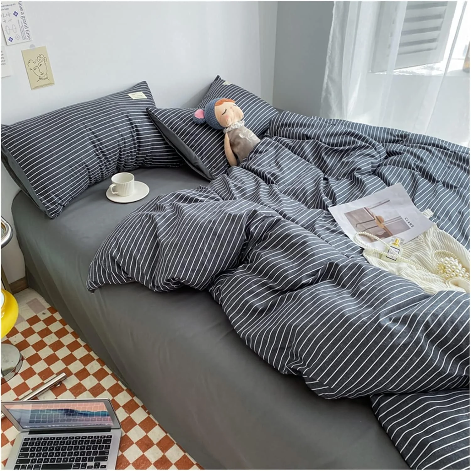 ست ملحفه تخت خواب سلفر طرح چهارخانه، ملحفه نرم برای اتاق خواب، رو تختی دونفره، روکش لحاف به همراه روبالشتی (رنگ: 02، سایز: SHEET_DOUBLE 4PCS(1.8M))