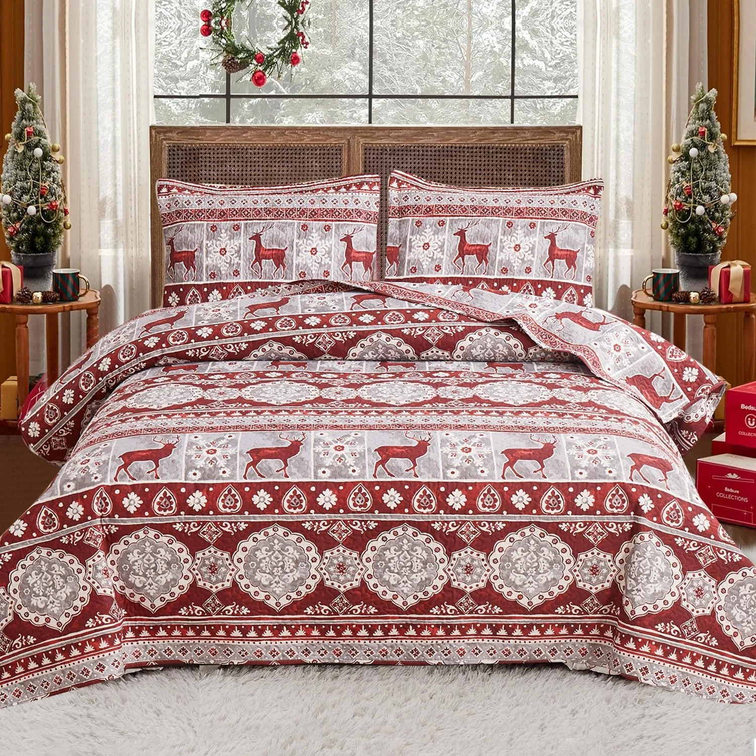 ست لحاف کریسمس سایز کامل/کوئین طرح گوزن و موس، روتختی کلبه‌ای سبک وزن، روتختی قرمز خاکستری طرح گوزن شمالی، دکوراسیون تعطیلات کریسمس