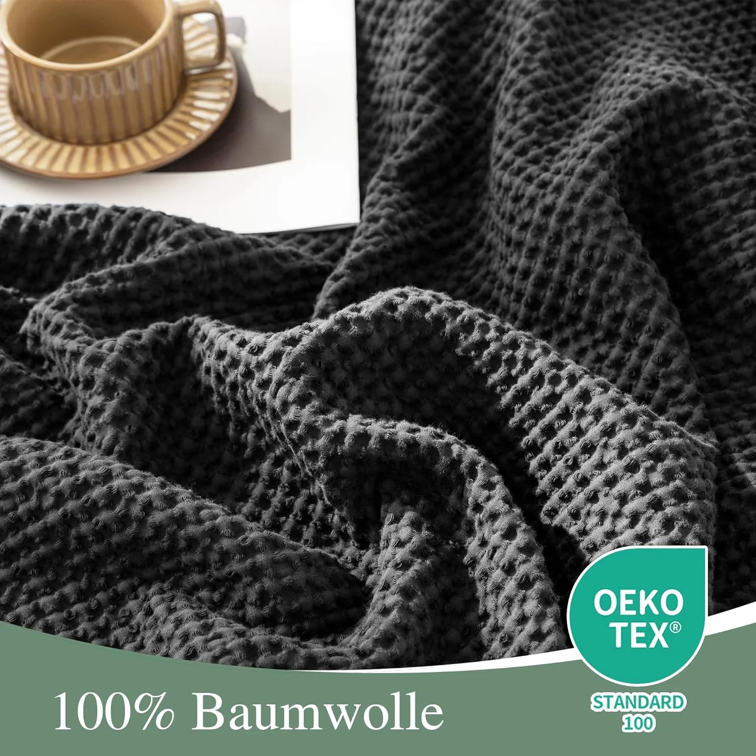 روتختی بافت دار 220 در 240 سانتی متر، 100% پنبه، طرح وافل، پتوی سبک وزن مناسب برای مبل، پتوی نرم و لطیف، مناسب برای مبل اتاق نشیمن، رنگ ذغالی