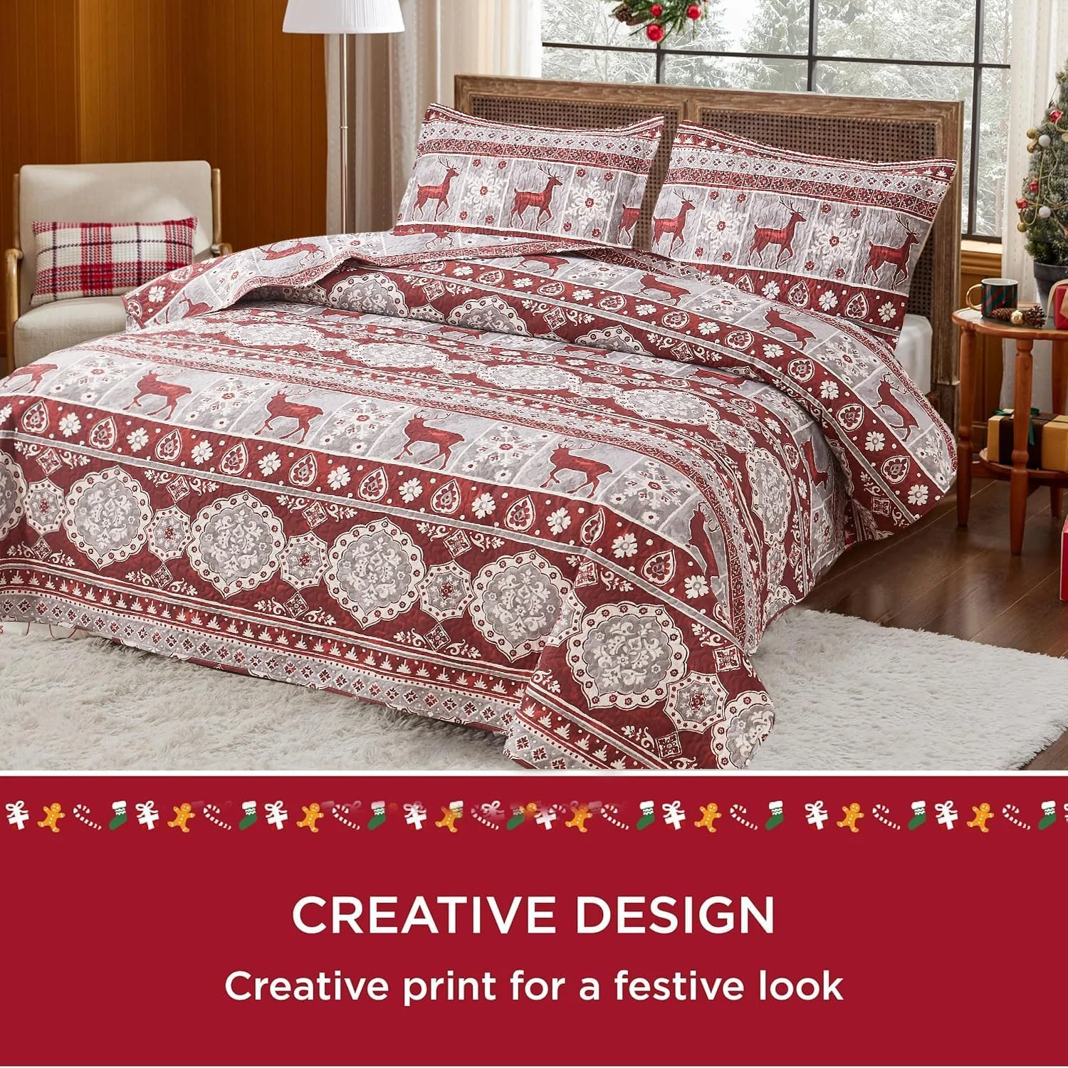 ست لحاف کریسمس سایز کامل/کوئین طرح گوزن و موس، روتختی کلبهای سبک وزن، روتختی قرمز خاکستری طرح گوزن شمالی، دکوراسیون تعطیلات کریسمس ست لحاف کریسمس سایز کامل/کوئین طرح گوزن و موس، روتختی کلبهای سبک وزن، روتختی قرمز خاکستری طرح گوزن شمالی، دکوراسیون تعطیلات کریسمس