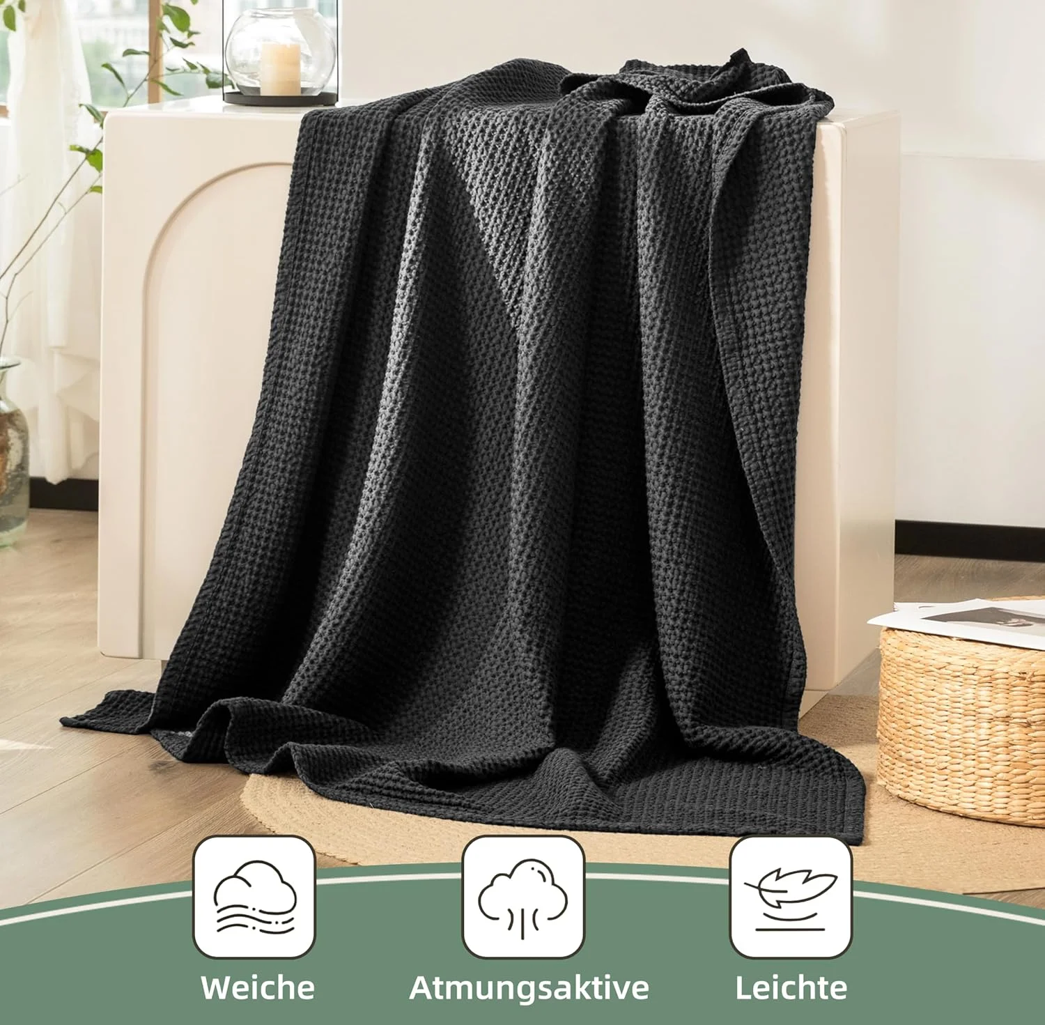 روتختی بافت دار 220 در 240 سانتی متر، 100% پنبه، طرح وافل، پتوی سبک وزن مناسب برای مبل، پتوی نرم و لطیف، مناسب برای مبل اتاق نشیمن، رنگ ذغالی