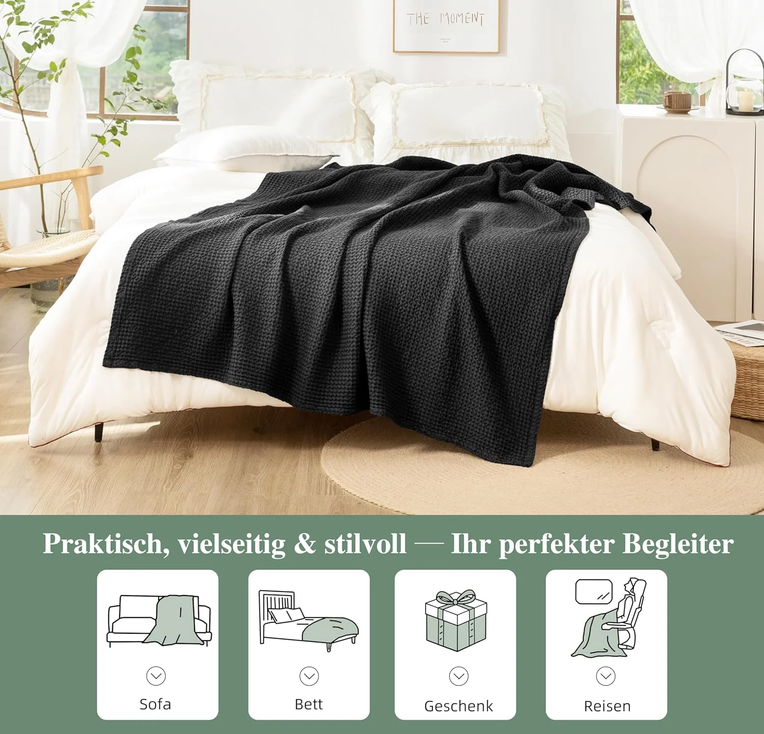 روتختی بافت دار 220 در 240 سانتی متر، 100% پنبه، طرح وافل، پتوی سبک وزن مناسب برای مبل، پتوی نرم و لطیف، مناسب برای مبل اتاق نشیمن، رنگ ذغالی