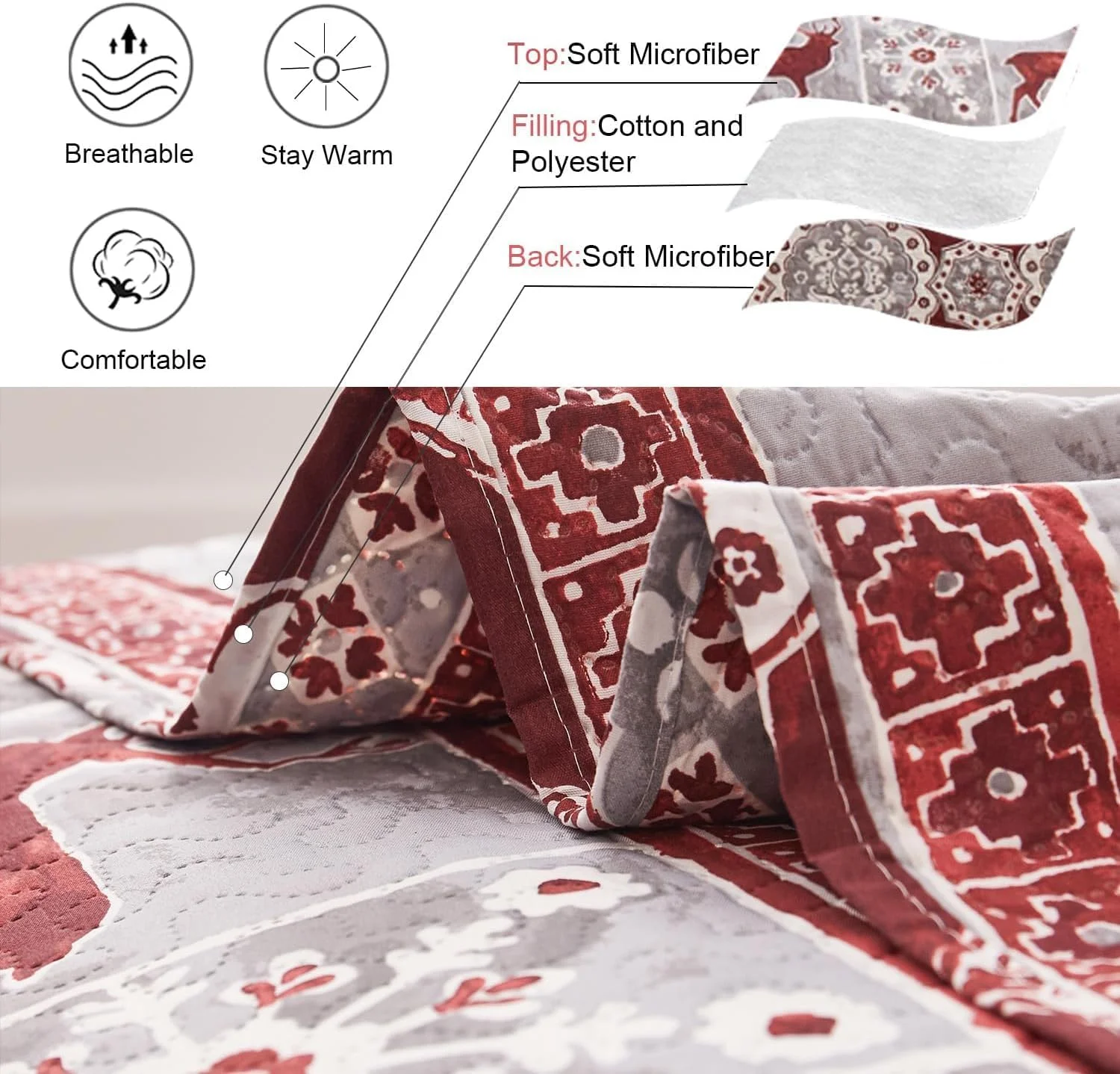 ست لحاف کریسمس سایز کامل/کوئین طرح گوزن و موس، روتختی کلبهای سبک وزن، روتختی قرمز خاکستری طرح گوزن شمالی، دکوراسیون تعطیلات کریسمس ست لحاف کریسمس سایز کامل/کوئین طرح گوزن و موس، روتختی کلبهای سبک وزن، روتختی قرمز خاکستری طرح گوزن شمالی، دکوراسیون تعطیلات کریسمس