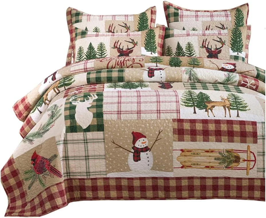روتختی لحافی طرح کریسمس، 230 در 240 سانتی متر، طرح آدم برفی و جنگل، دو رو، مناسب تخت کینگ سایز، ست روتختی سه تکه روتختی لحافی طرح کریسمس، 230 در 240 سانتی متر، طرح آدم برفی و جنگل، دو رو، مناسب تخت کینگ سایز، ست روتختی سه تکه