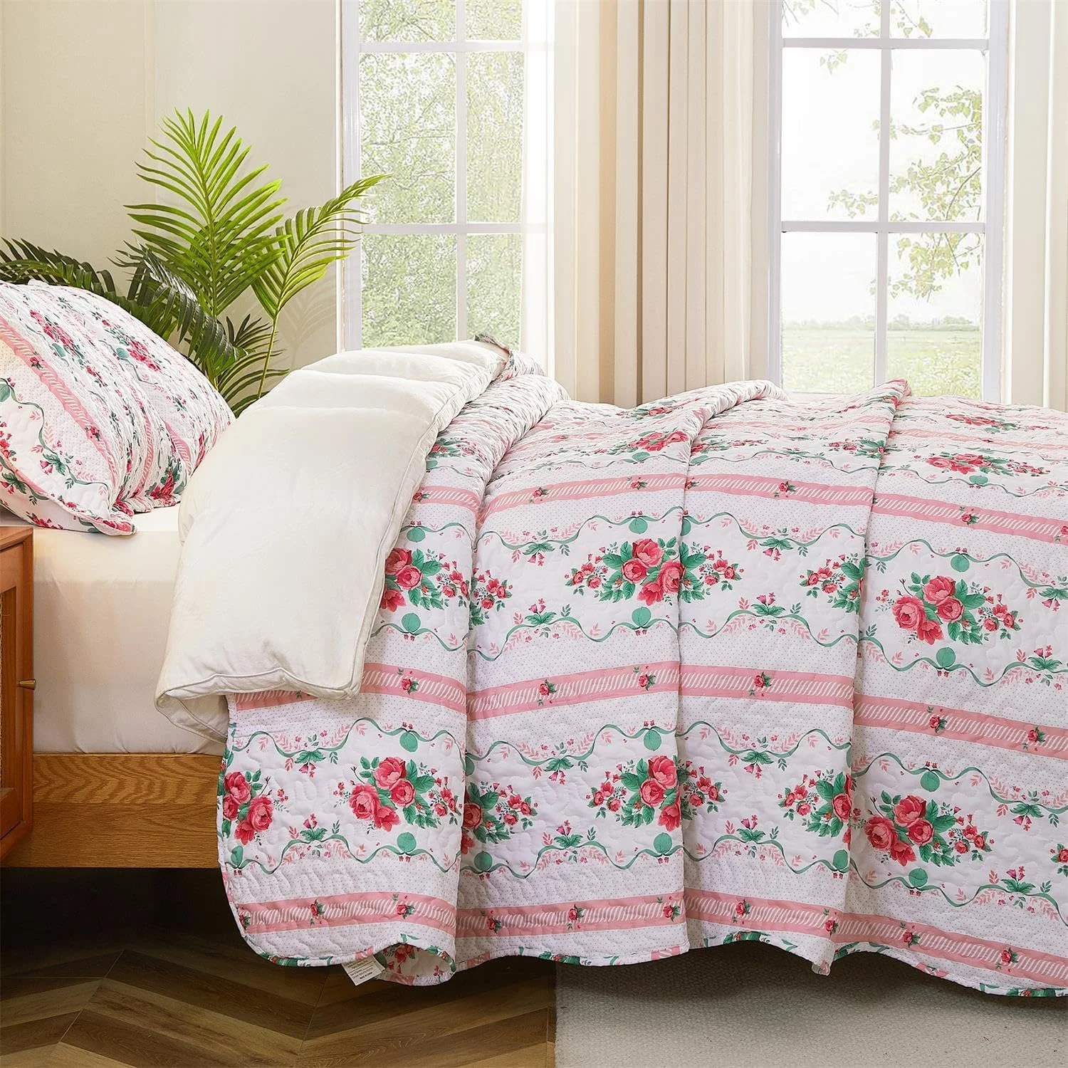 ست لحاف طرح گلدار Cmfshape سایز کینگ، ست روتختی سبک وزن میکروفیبر 3 تکه، روتختی لحافی صورتی مناسب تمام فصل، ست روتختی لحافی دو طرفه با 2 روبالشتی، 259x229 سانتی متر