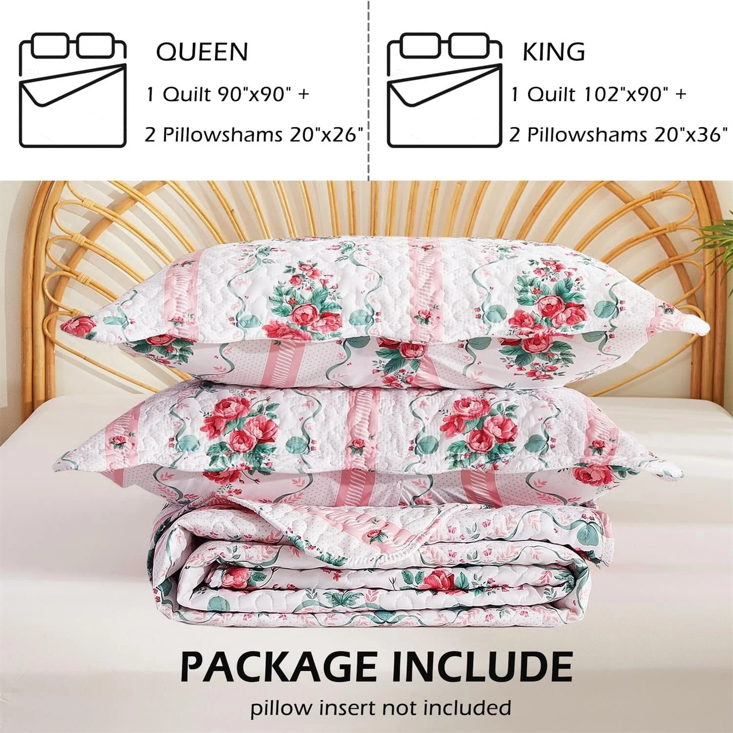 ست لحاف طرح گلدار Cmfshape سایز کینگ، ست روتختی سبک وزن میکروفیبر 3 تکه، روتختی لحافی صورتی مناسب تمام فصل، ست روتختی لحافی دو طرفه با 2 روبالشتی، 259x229 سانتی متر