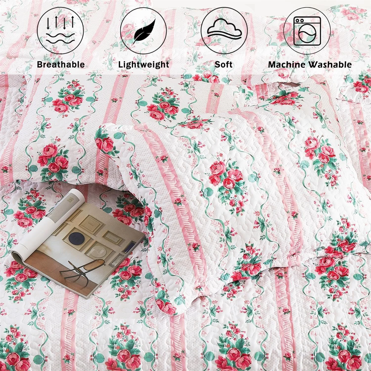 ست لحاف طرح گلدار Cmfshape سایز کینگ، ست روتختی سبک وزن میکروفیبر 3 تکه، روتختی لحافی صورتی مناسب تمام فصل، ست روتختی لحافی دو طرفه با 2 روبالشتی، 259x229 سانتی متر