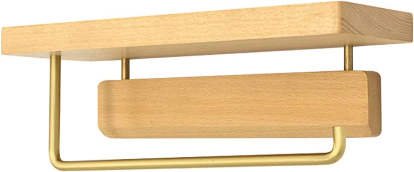 جای حوله LIU با قفسه ذخیره سازی چوب جامد و ترکیب مس فلزی نصب شده روی دیوار برای آشپزخانه و سرویس بهداشتی (رنگ: راش)