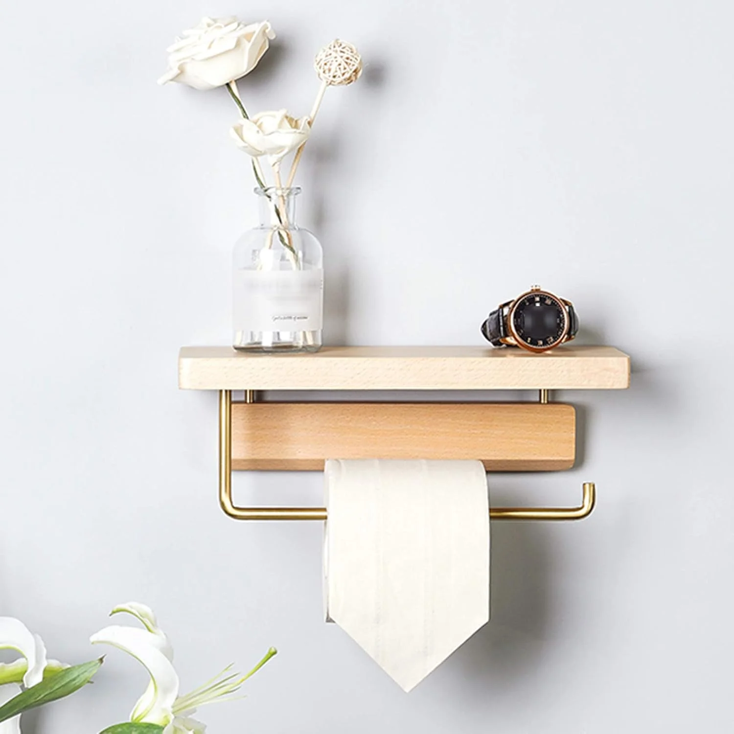 جای حوله LIU با قفسه ذخیره سازی چوب جامد و ترکیب مس فلزی نصب شده روی دیوار برای آشپزخانه و سرویس بهداشتی (رنگ: راش)