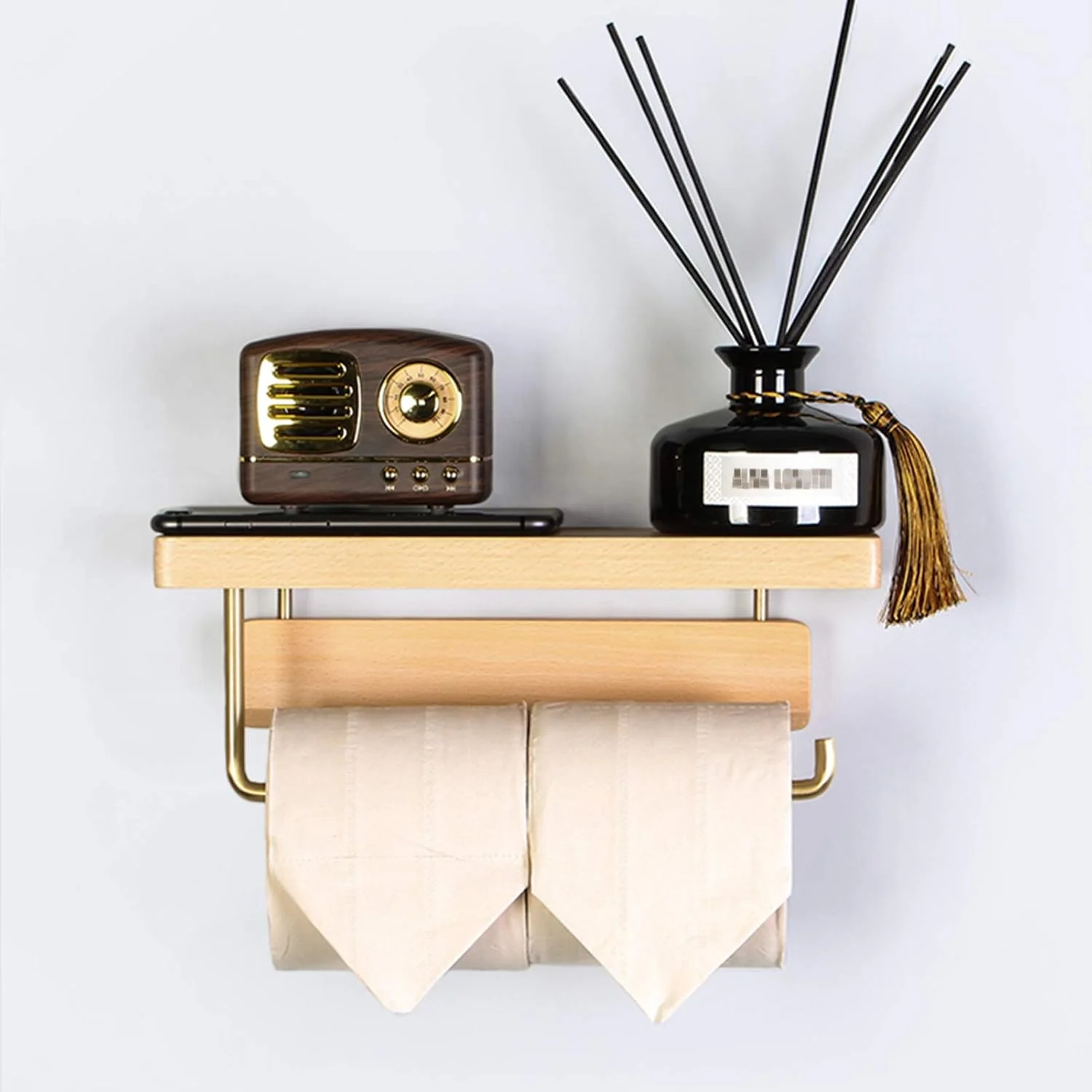 جای حوله LIU با قفسه ذخیره سازی چوب جامد و ترکیب مس فلزی نصب شده روی دیوار برای آشپزخانه و سرویس بهداشتی (رنگ: راش)