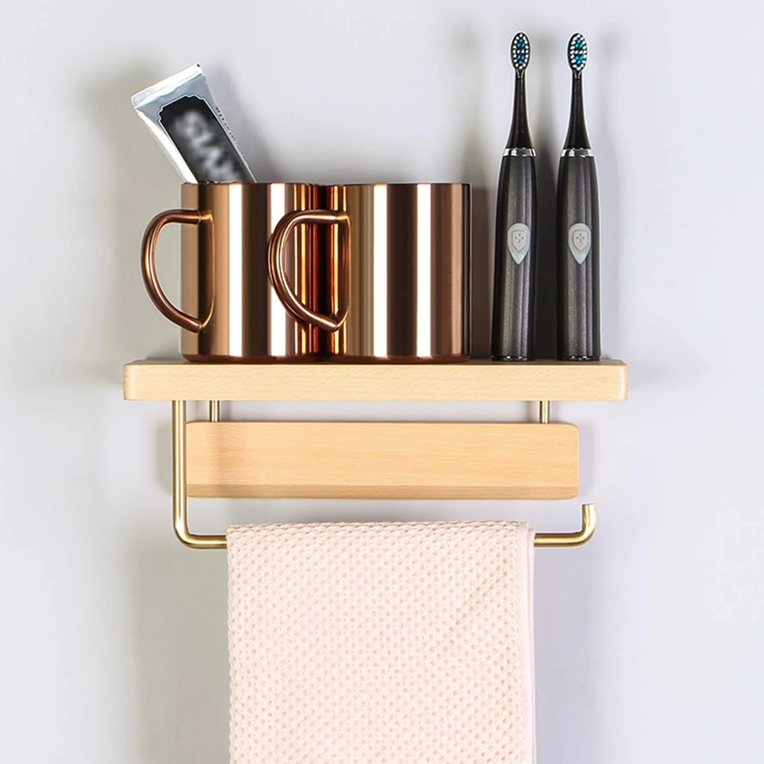 جای حوله LIU با قفسه ذخیره سازی چوب جامد و ترکیب مس فلزی نصب شده روی دیوار برای آشپزخانه و سرویس بهداشتی (رنگ: راش)