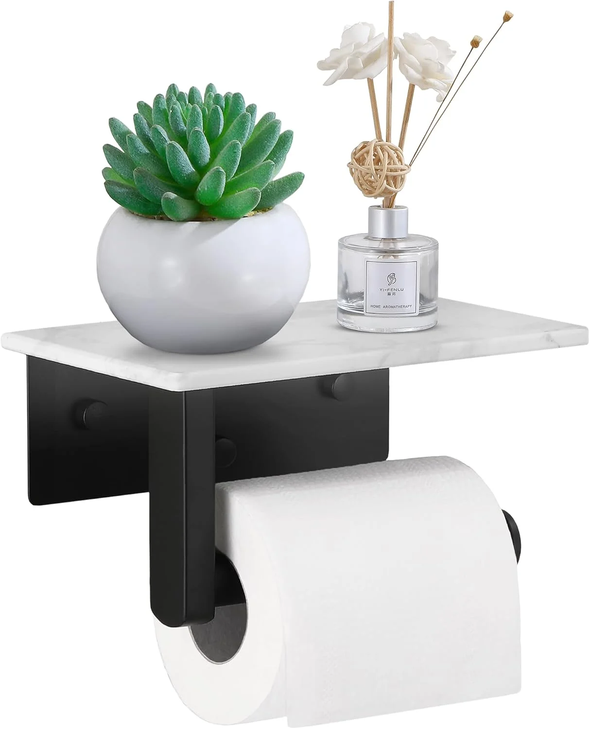 جا دستمال کاغذی رولی سنگی با قفسه - جا دستمال کاغذی دیواری با دسته پایه استیل ضد زنگ 304 - دکور حمام ضد زنگ مناسب برای رول های بزرگ - مشکی مات