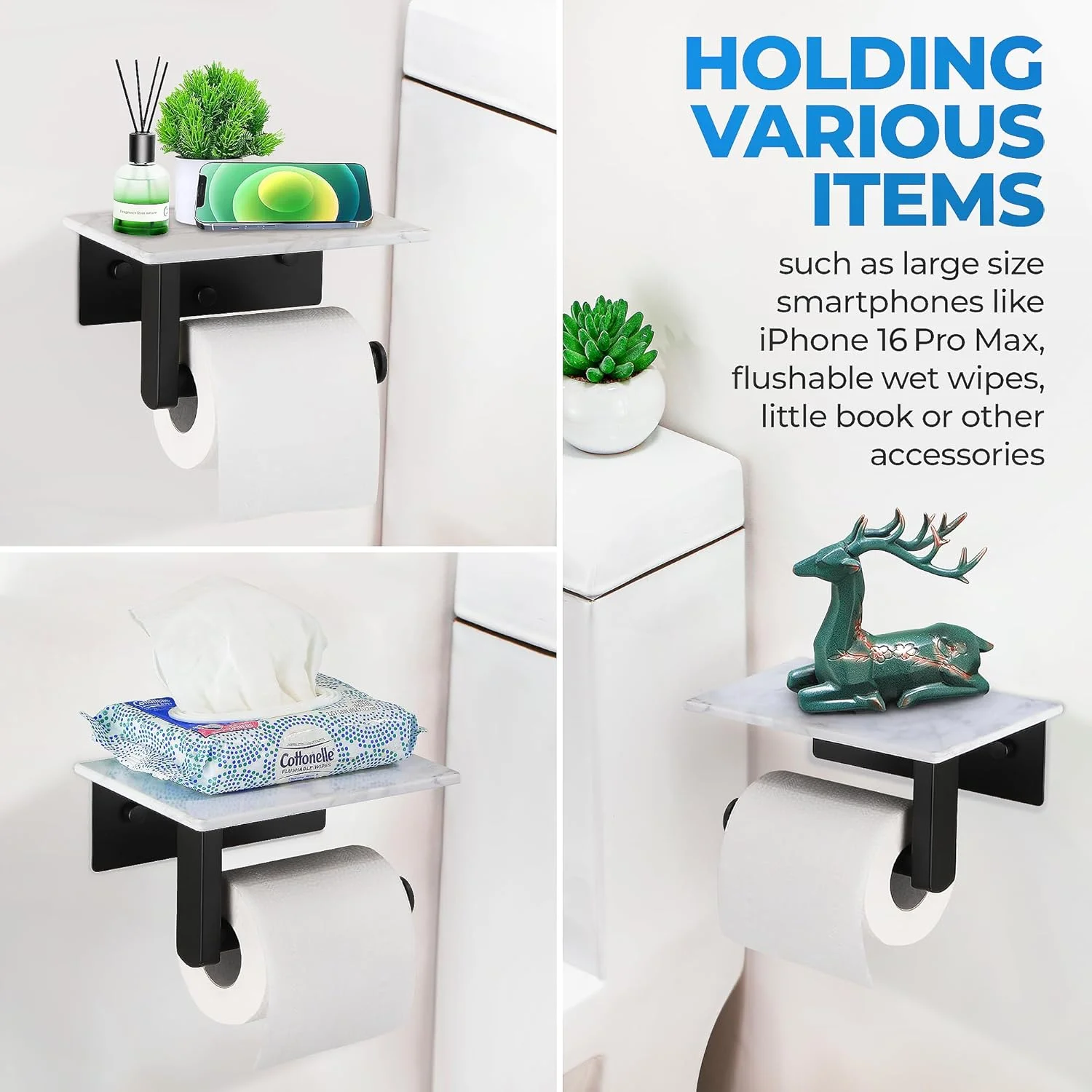 جا دستمال کاغذی رولی سنگی با قفسه - جا دستمال کاغذی دیواری با دسته پایه استیل ضد زنگ 304 - دکور حمام ضد زنگ مناسب برای رول های بزرگ - مشکی مات