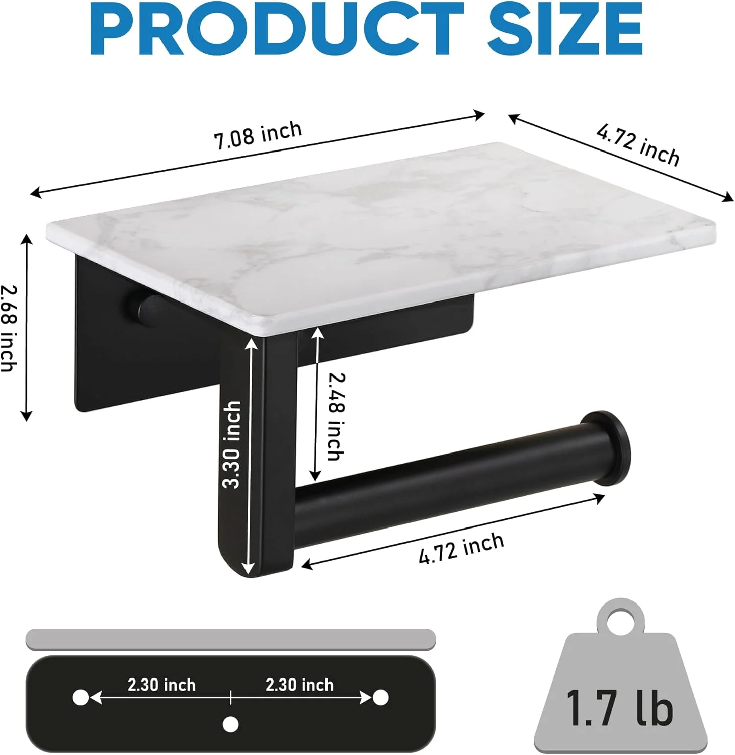 جا دستمال کاغذی رولی سنگی با قفسه - جا دستمال کاغذی دیواری با دسته پایه استیل ضد زنگ 304 - دکور حمام ضد زنگ مناسب برای رول های بزرگ - مشکی مات