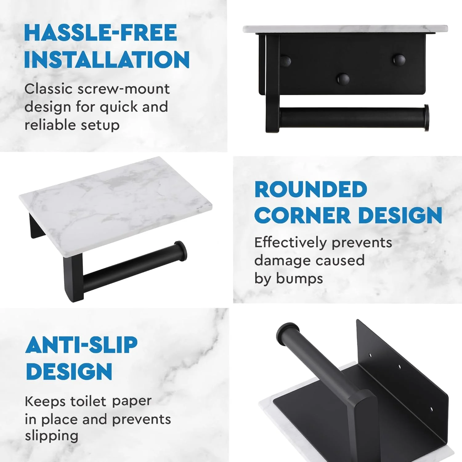 جا دستمال کاغذی رولی سنگی با قفسه - جا دستمال کاغذی دیواری با دسته پایه استیل ضد زنگ 304 - دکور حمام ضد زنگ مناسب برای رول های بزرگ - مشکی مات